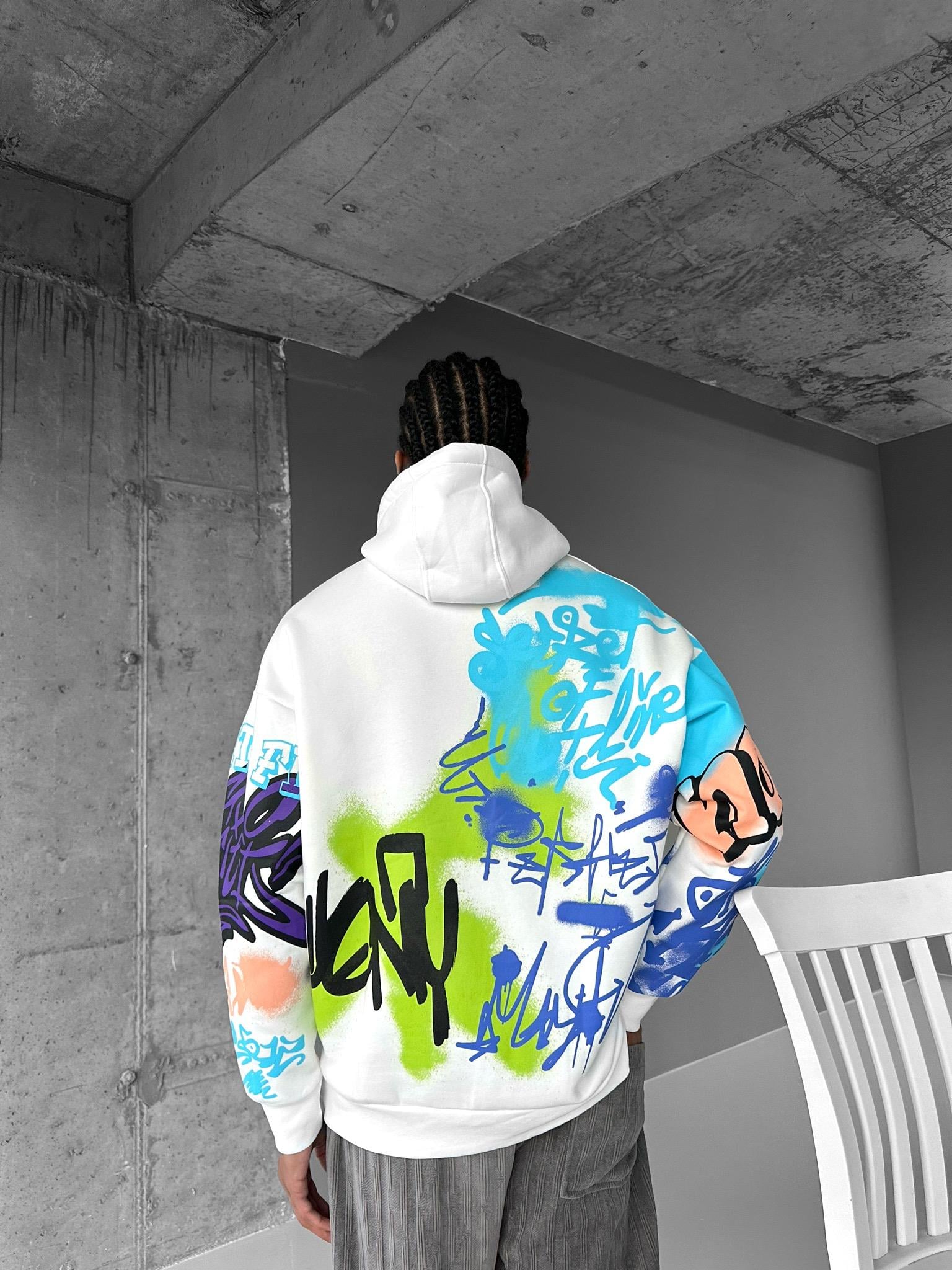 Oversize Graffiti Kapşonlu Sweatshirt Beyaz
