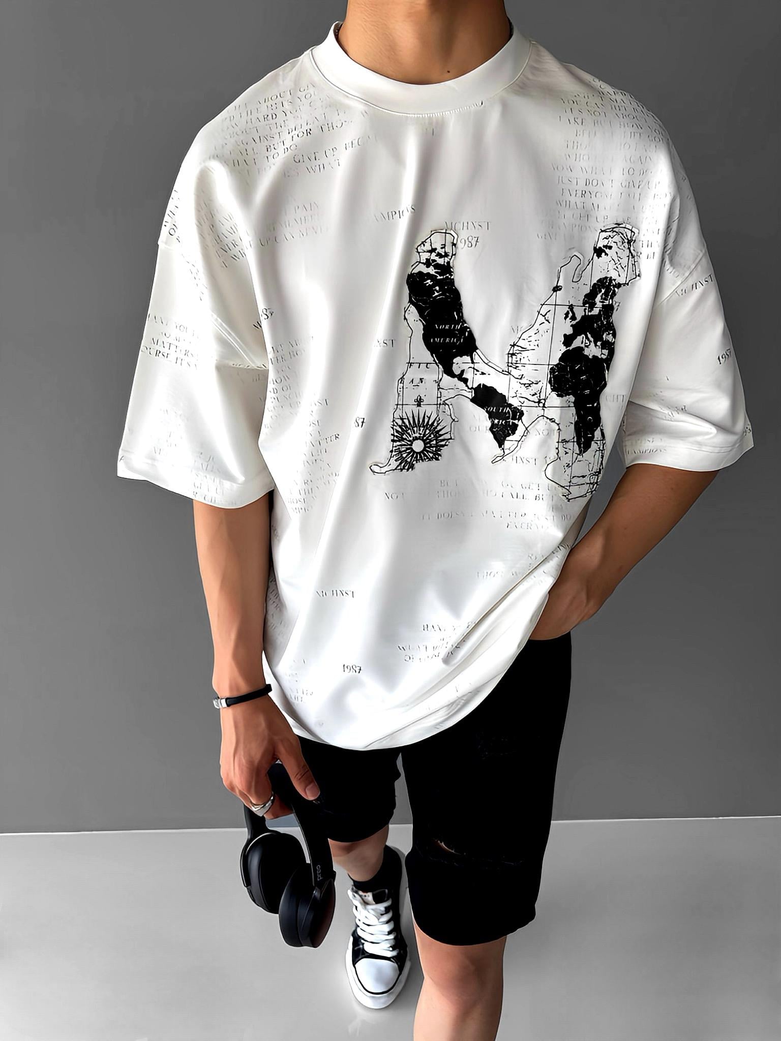 Oversize Kabartma Baskılı Premium T-Shirt Beyaz