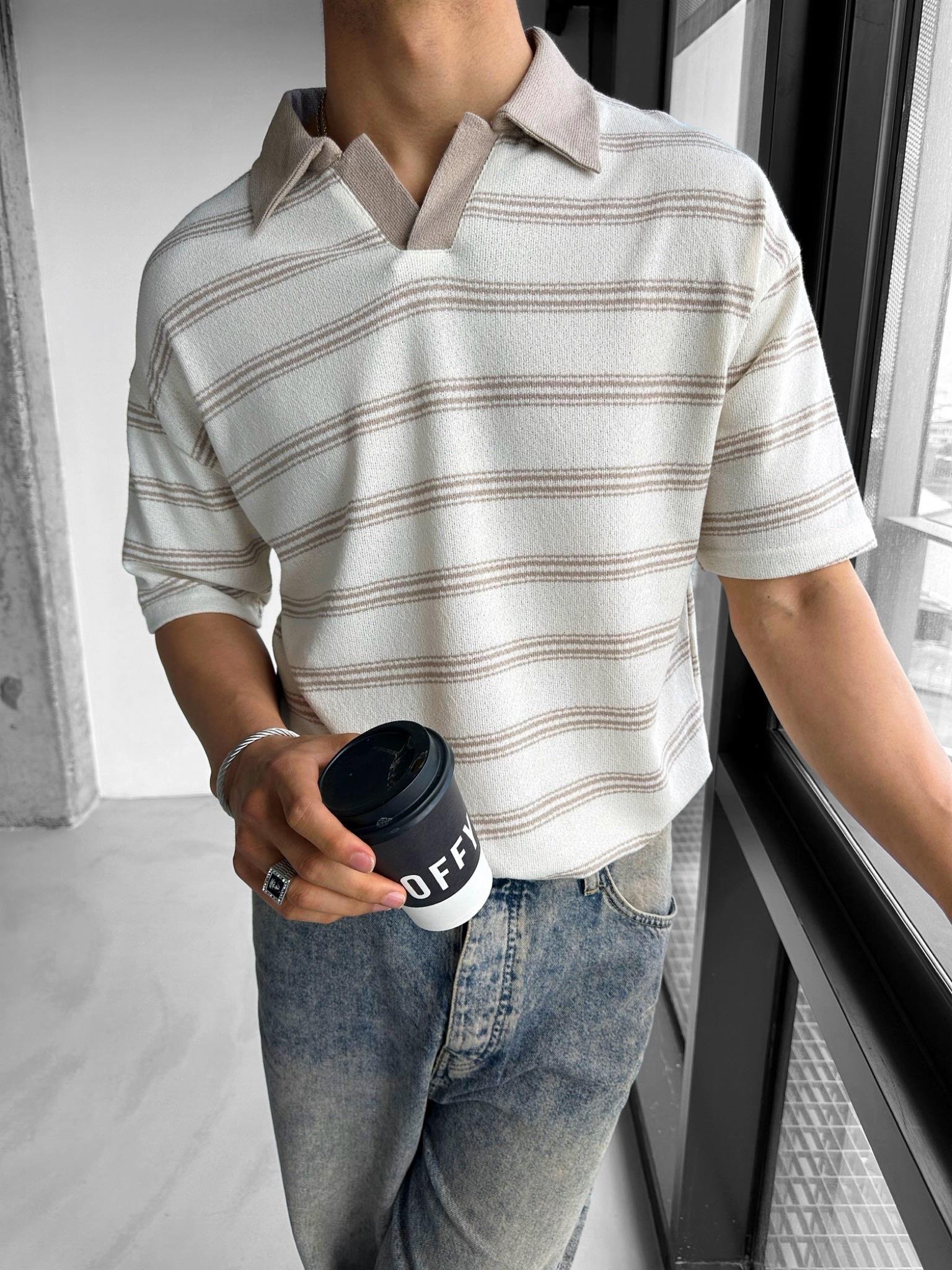 Oversize Kalıp Polo Yaka Geniş Rahat Kesim Triko T-Shirt Bej