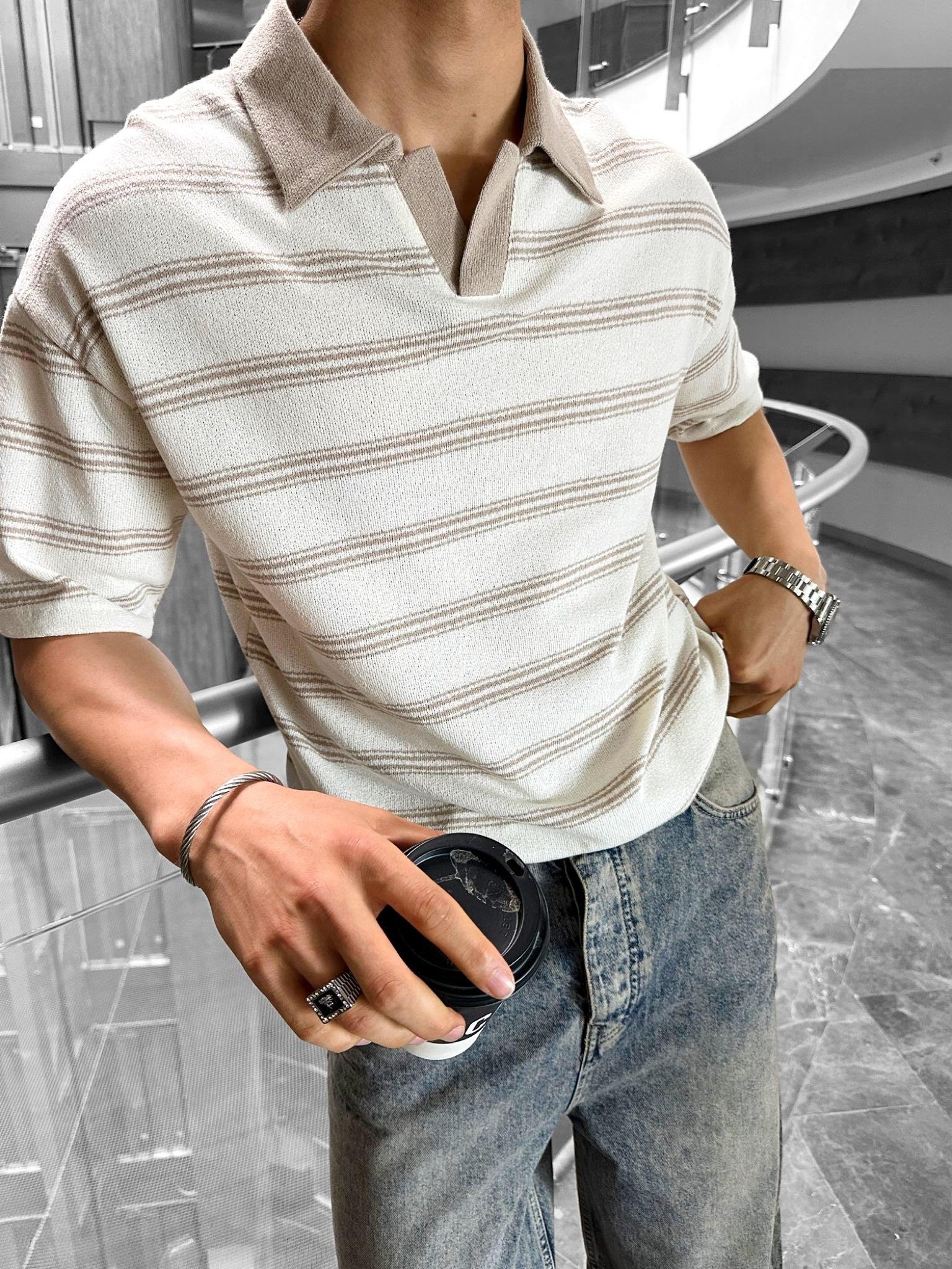 Oversize Kalıp Polo Yaka Geniş Rahat Kesim Triko T-Shirt Bej