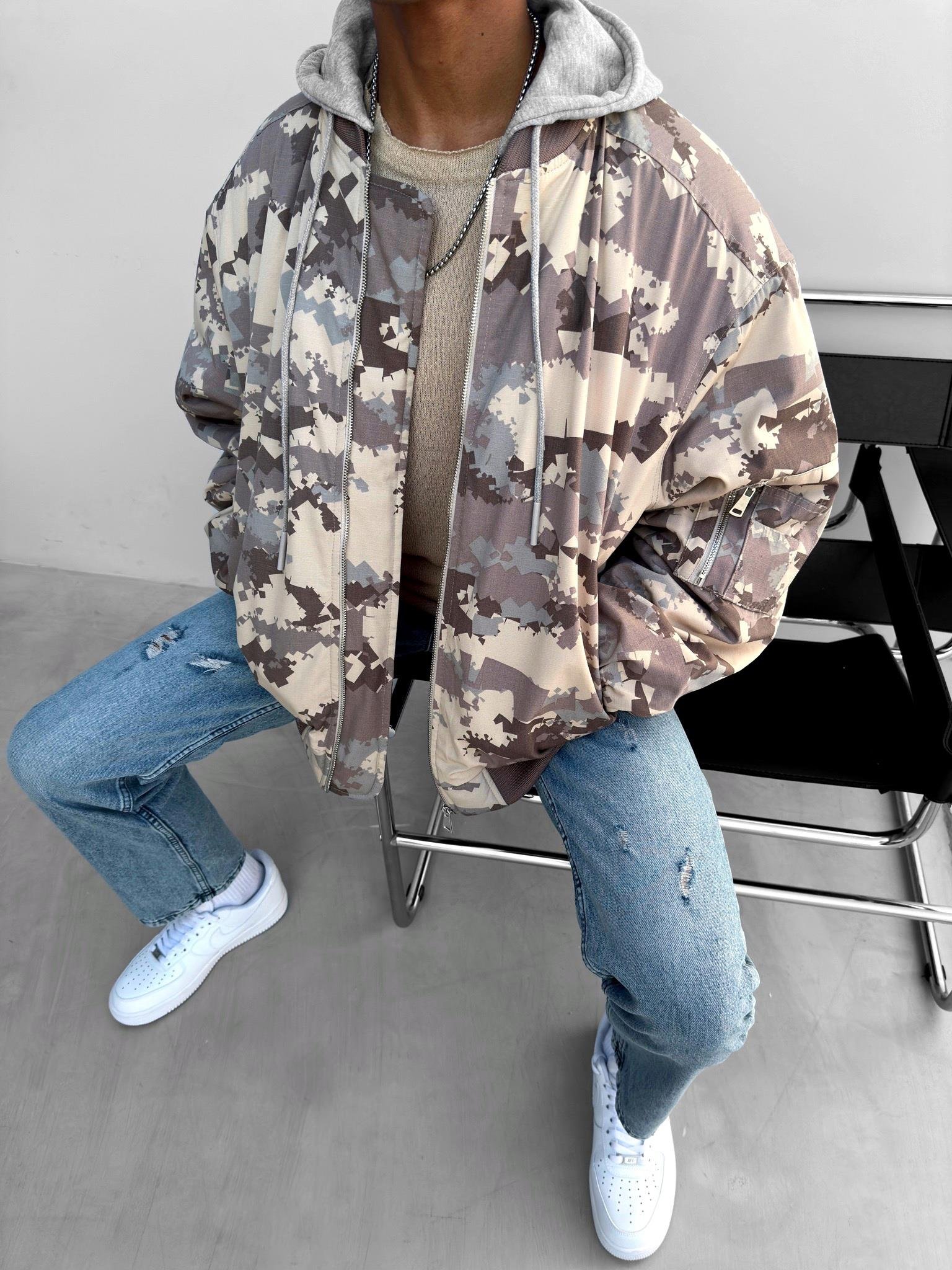 Oversize Kamuflaj Bomber Ceket Kahverengi