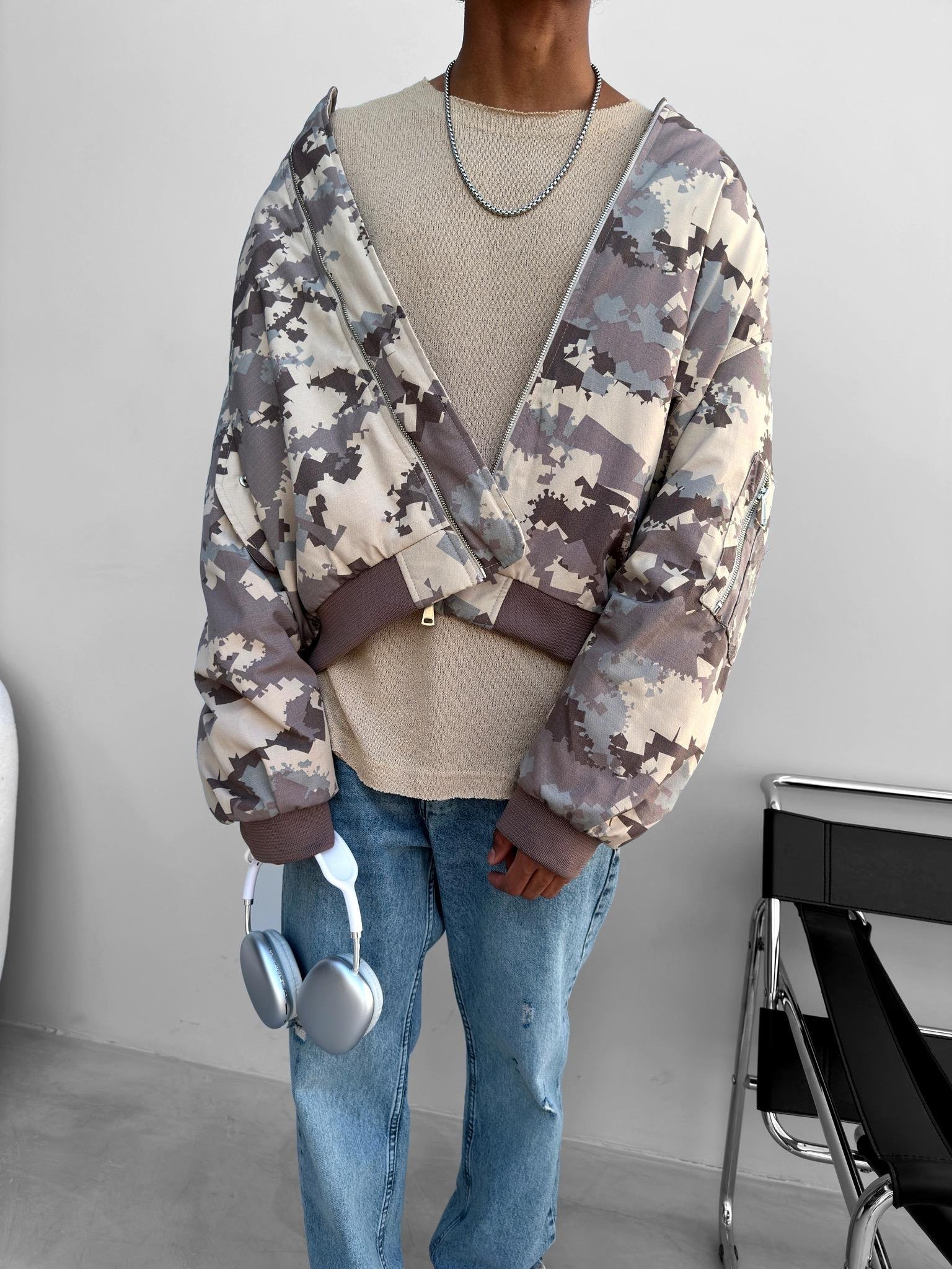 Oversize Kamuflaj Bomber Ceket Kahverengi
