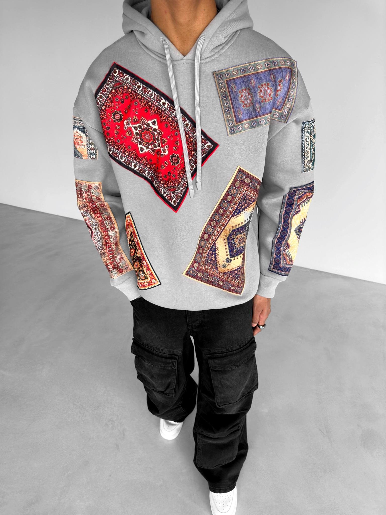 Oversize Kilim Yamalı Hoodie Gri