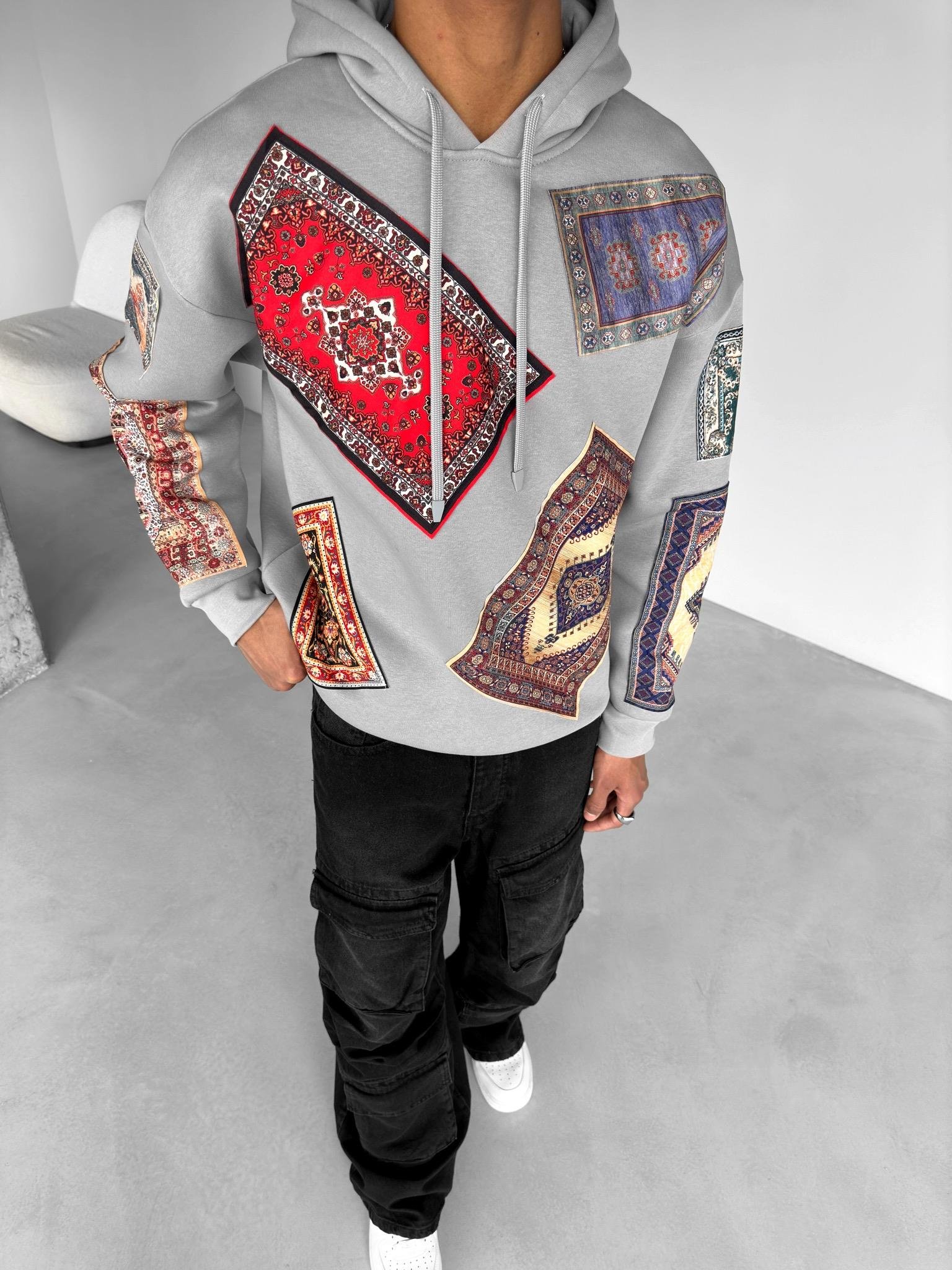 Oversize Kilim Yamalı Hoodie Gri