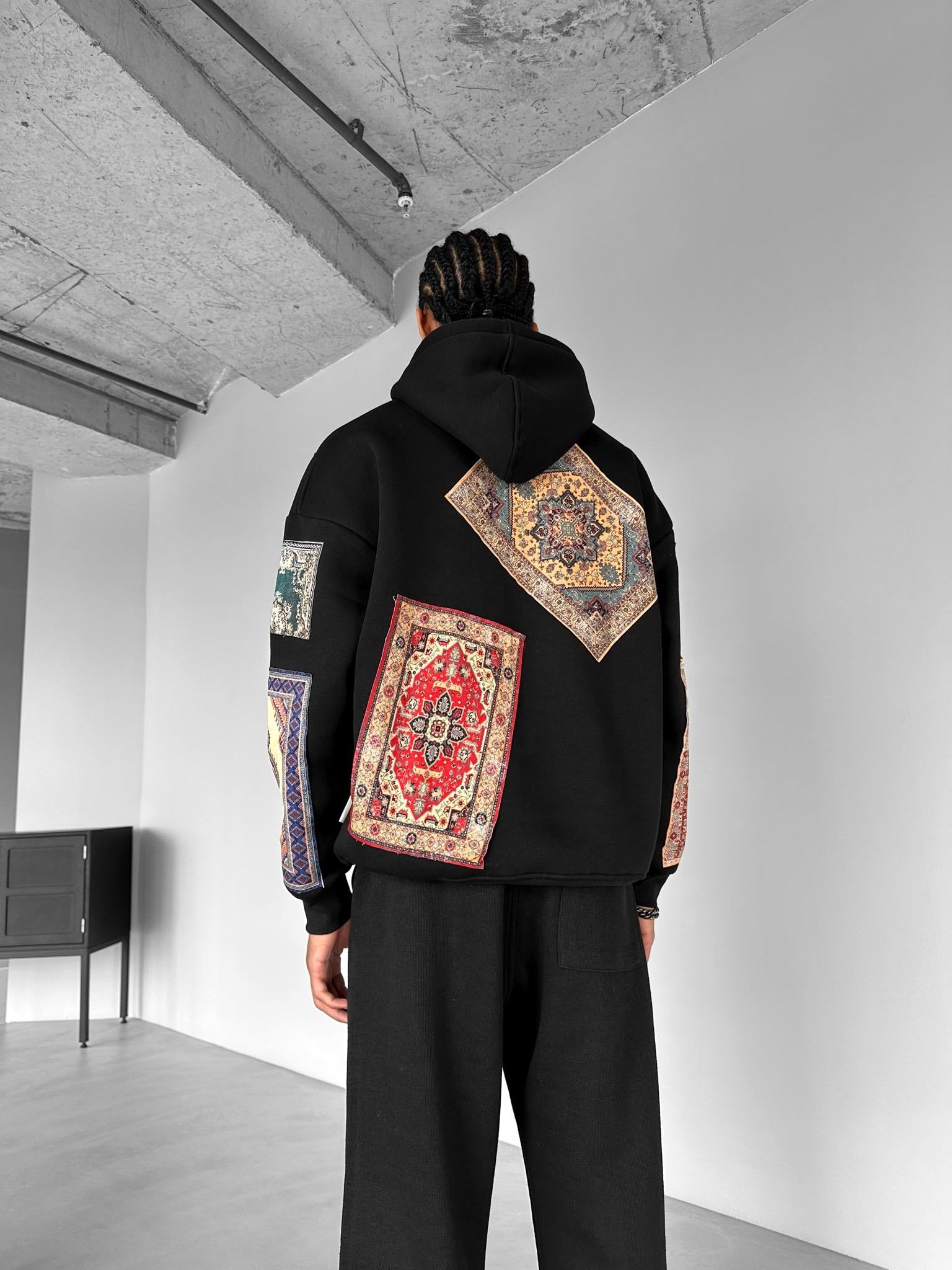 Oversize Kilim Yamalı Hoodie Siyah