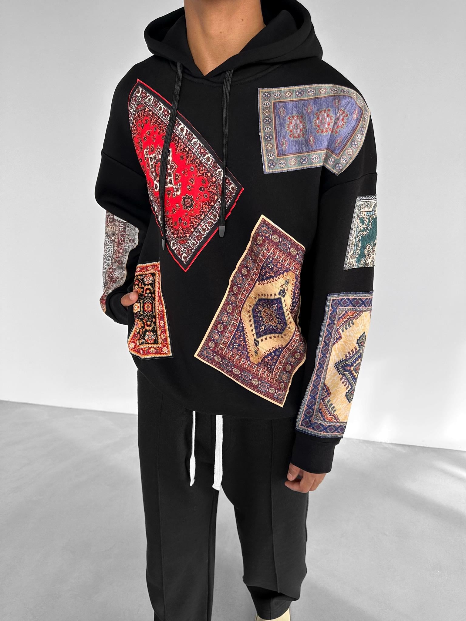 Oversize Kilim Yamalı Hoodie Siyah