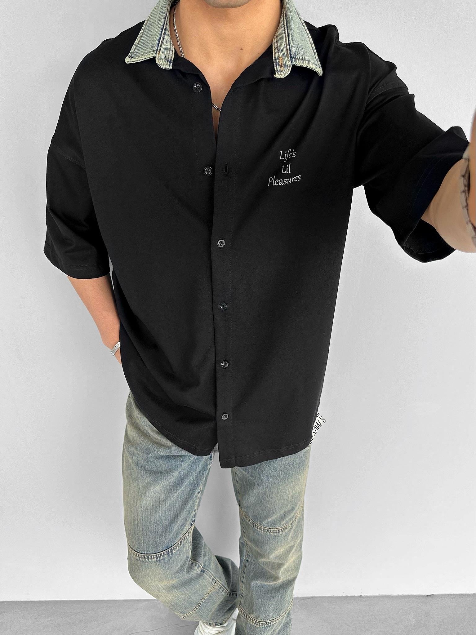Oversize Kot Yakalı Baskılı Gömlek Siyah