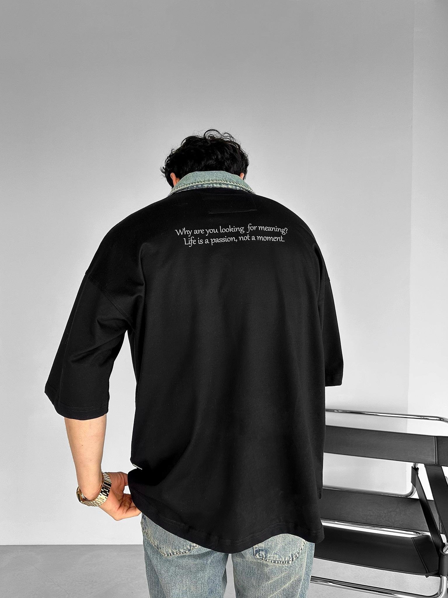 Oversize Kot Yakalı Baskılı Gömlek Siyah