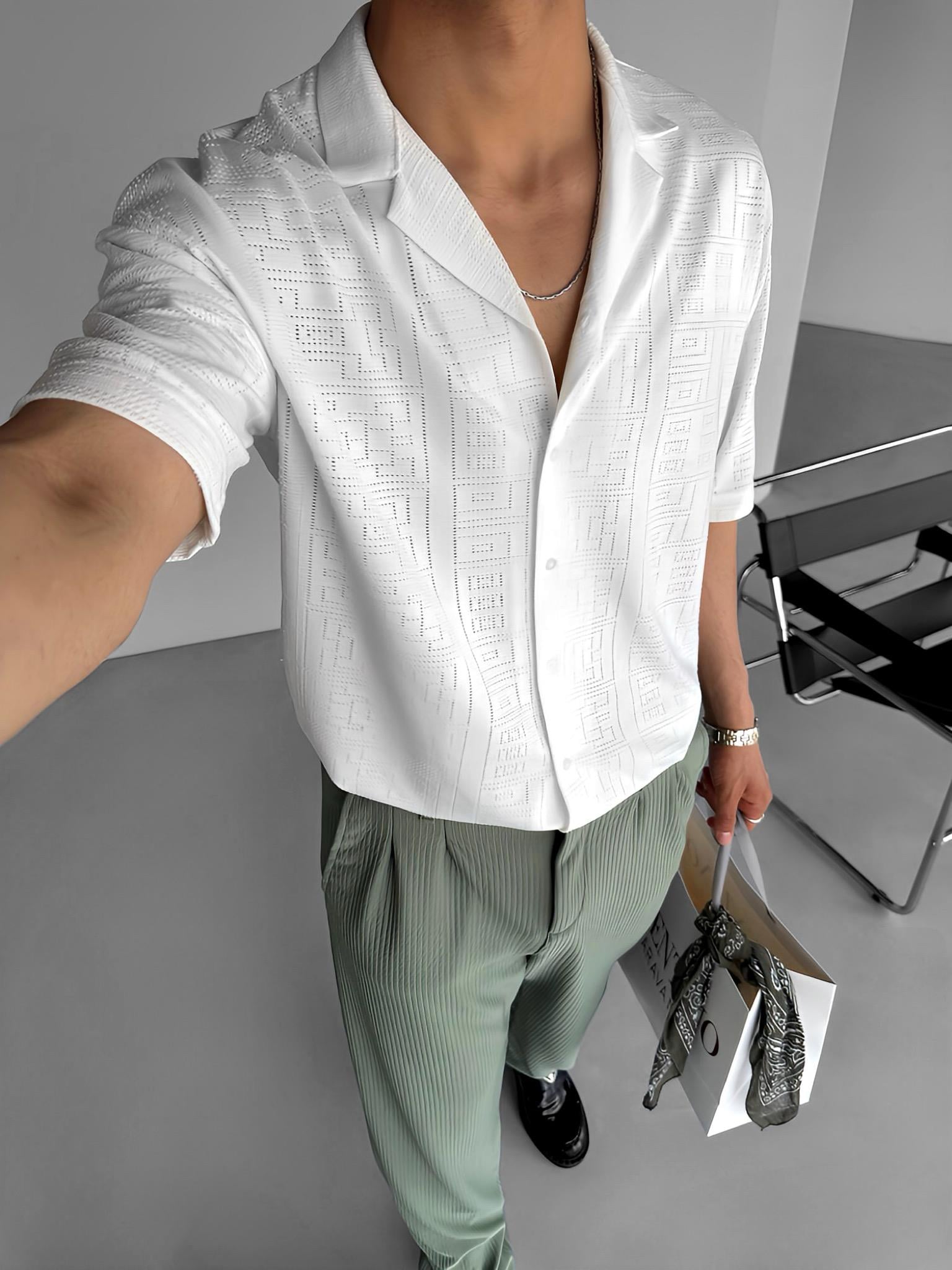 Oversize Küba Yaka Desenli File Gömlek Ekru