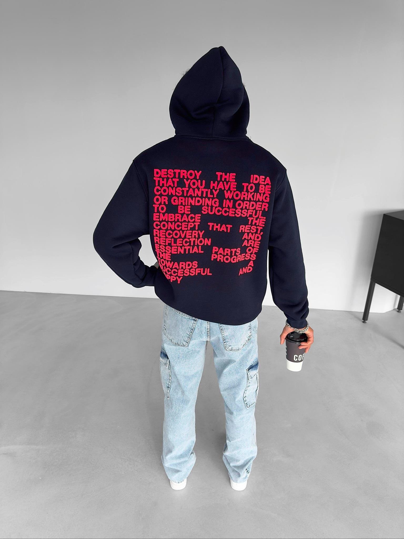 Oversize 'Life.' Baskılı Hoodie Siyah