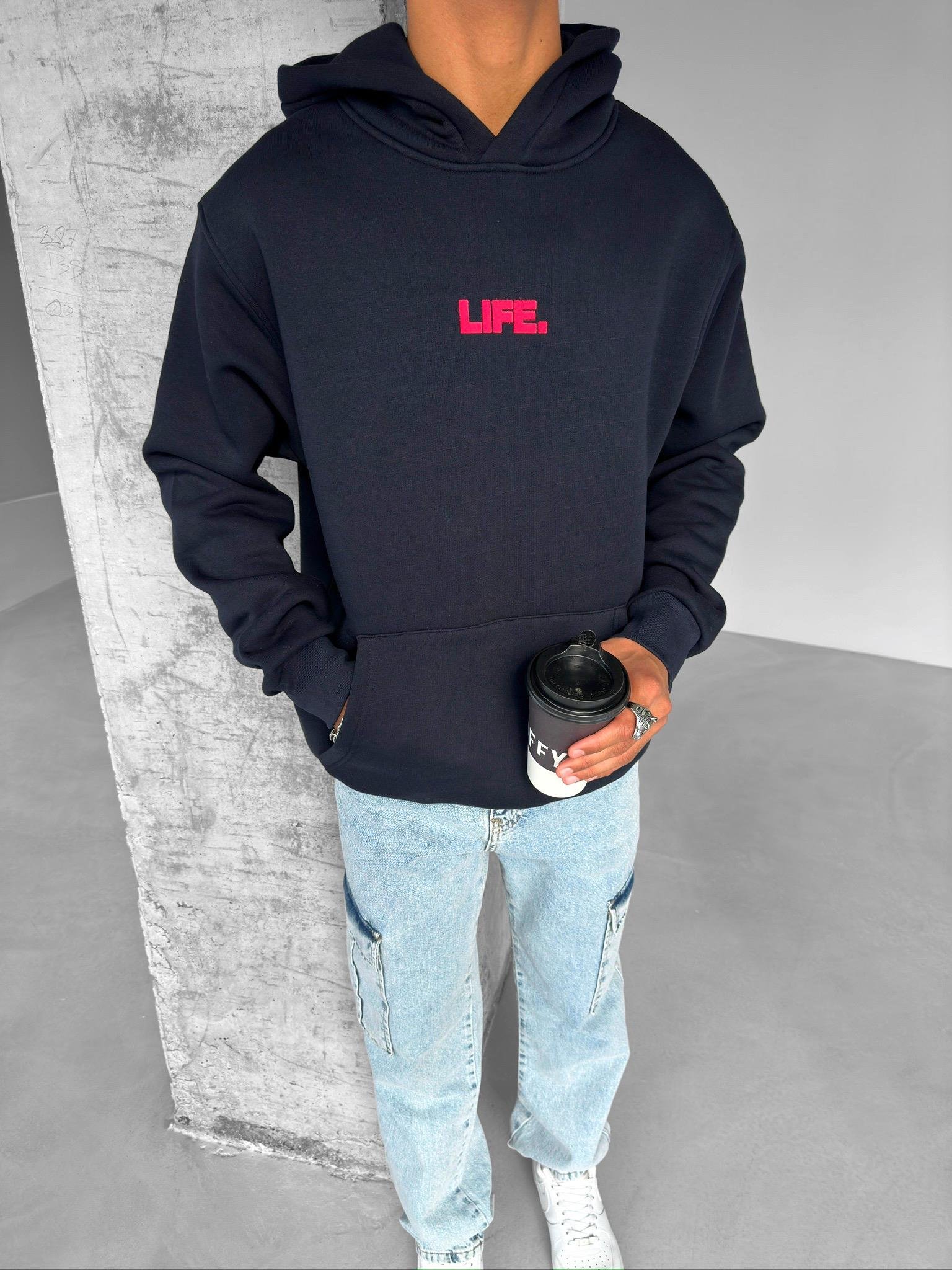 Oversize 'Life.' Baskılı Hoodie Siyah