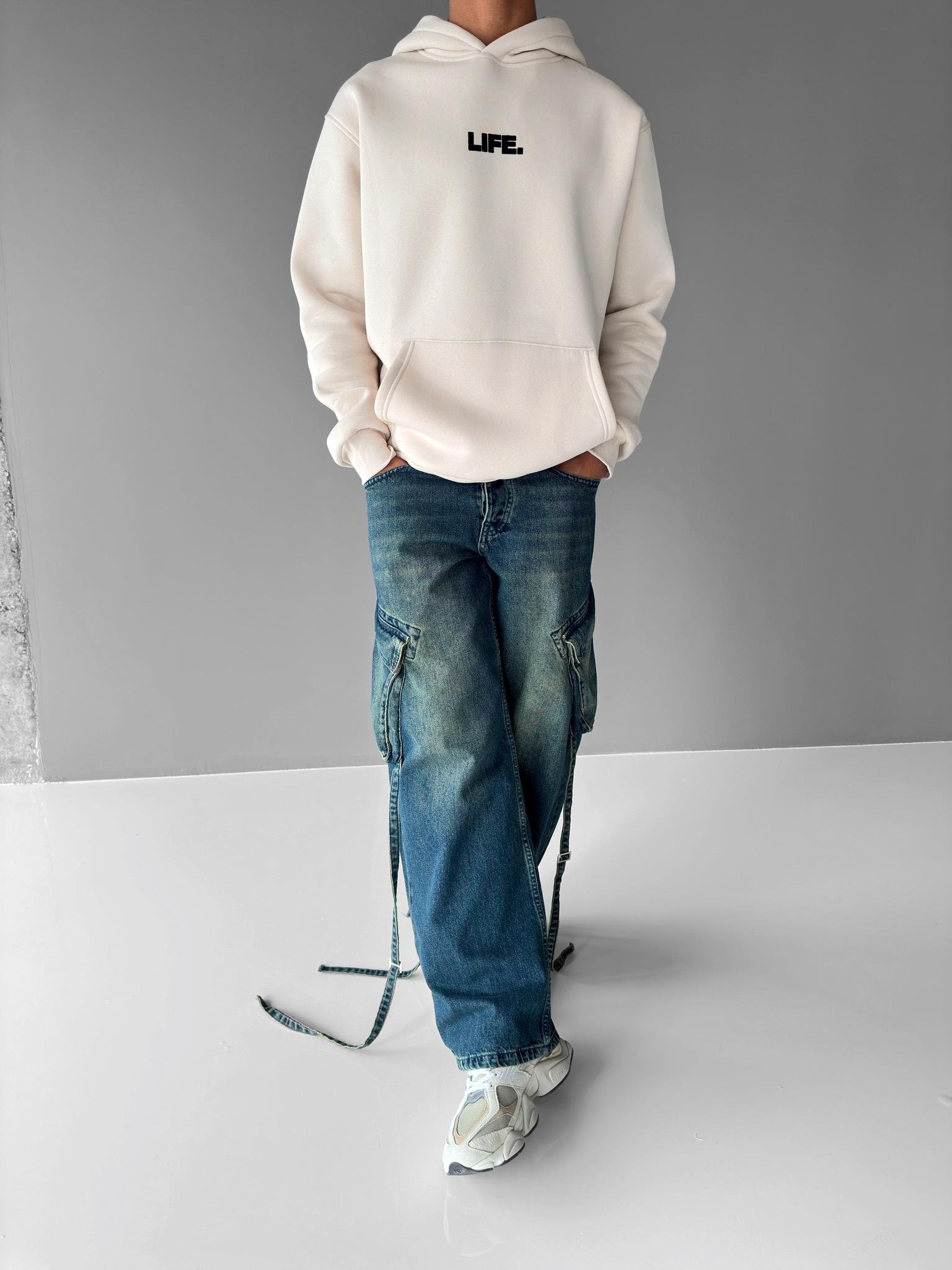 Oversize 'Life.' Baskılı Hoodie Bej