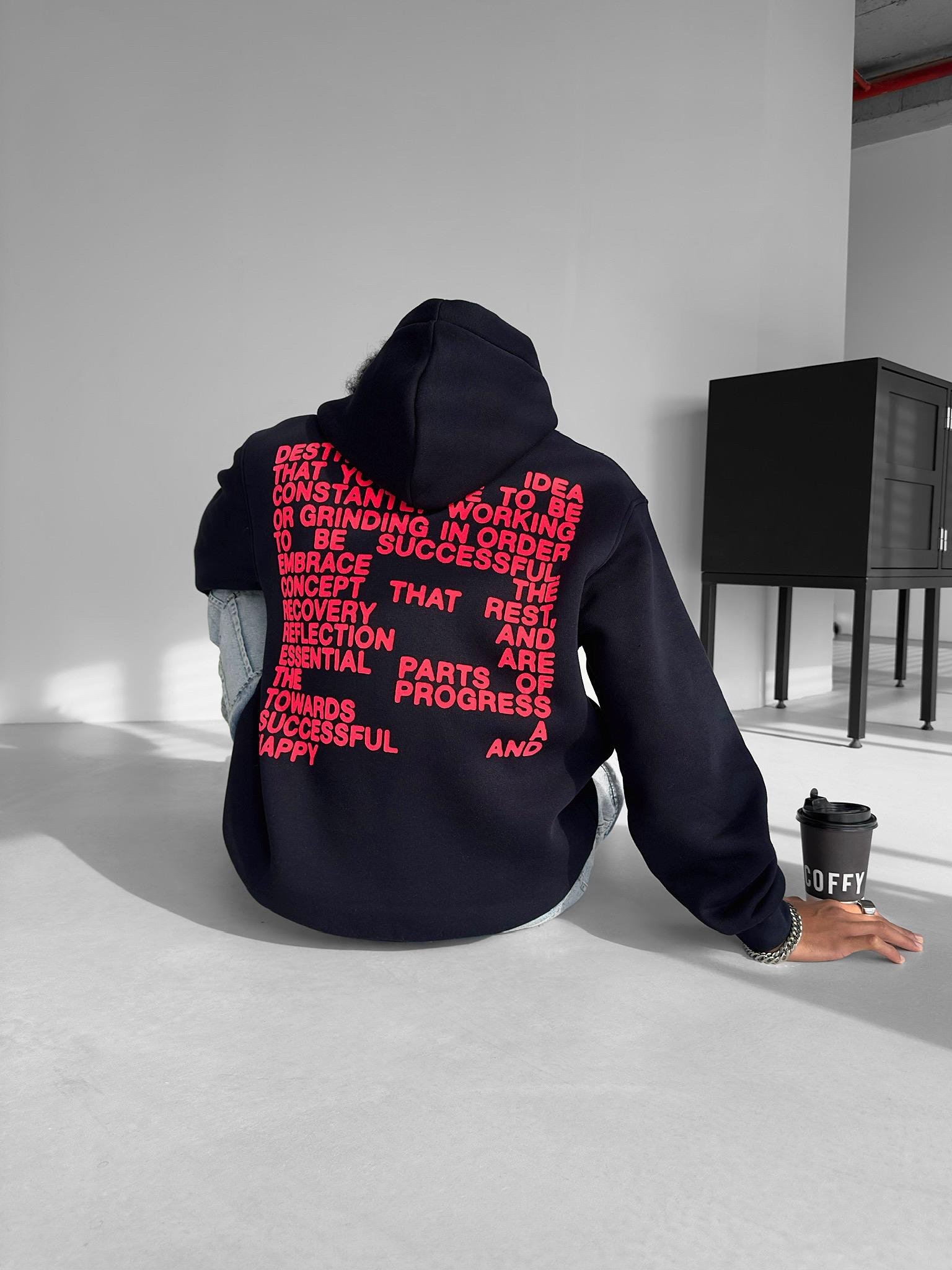 Oversize 'Life.' Baskılı Hoodie Siyah