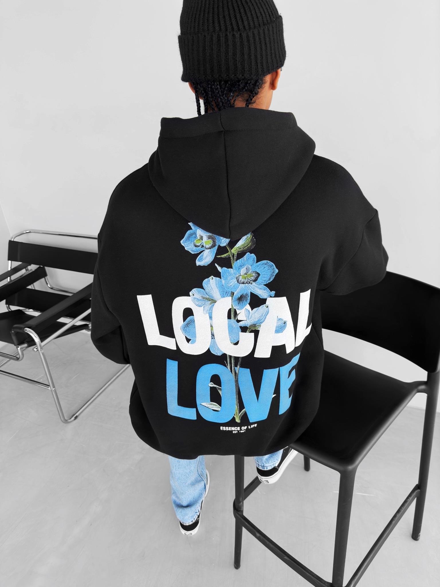 Oversize Local Love Baskılı Kapüşonlu Sweatshirt Siyah