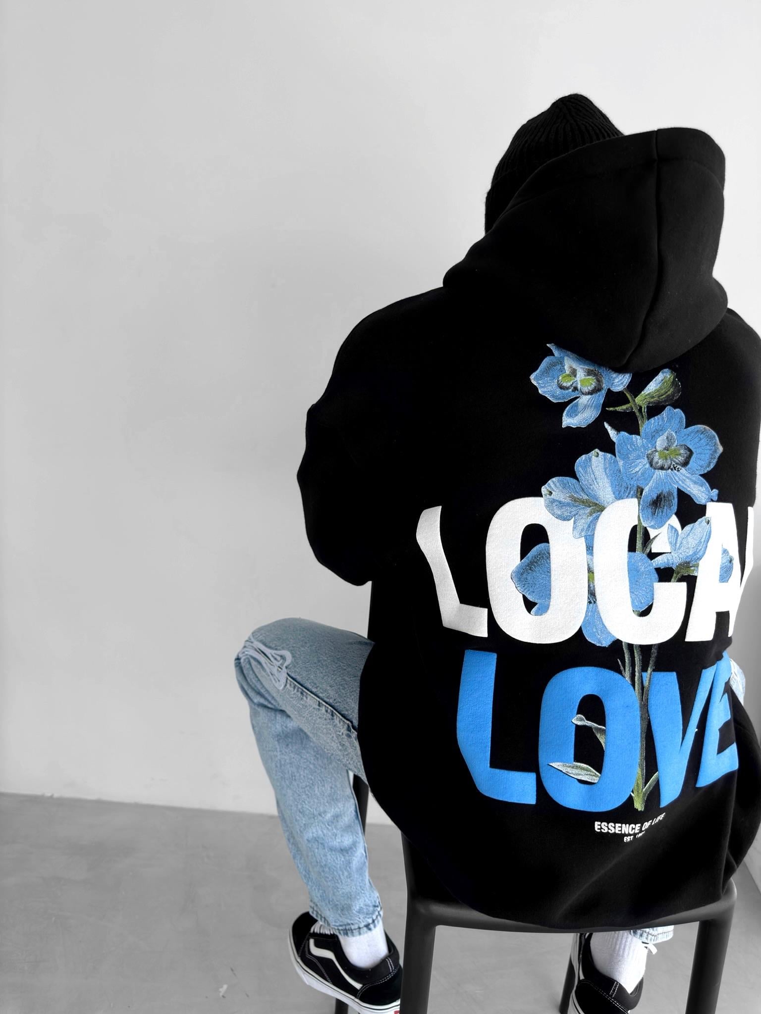 Oversize Local Love Baskılı Kapüşonlu Sweatshirt Siyah