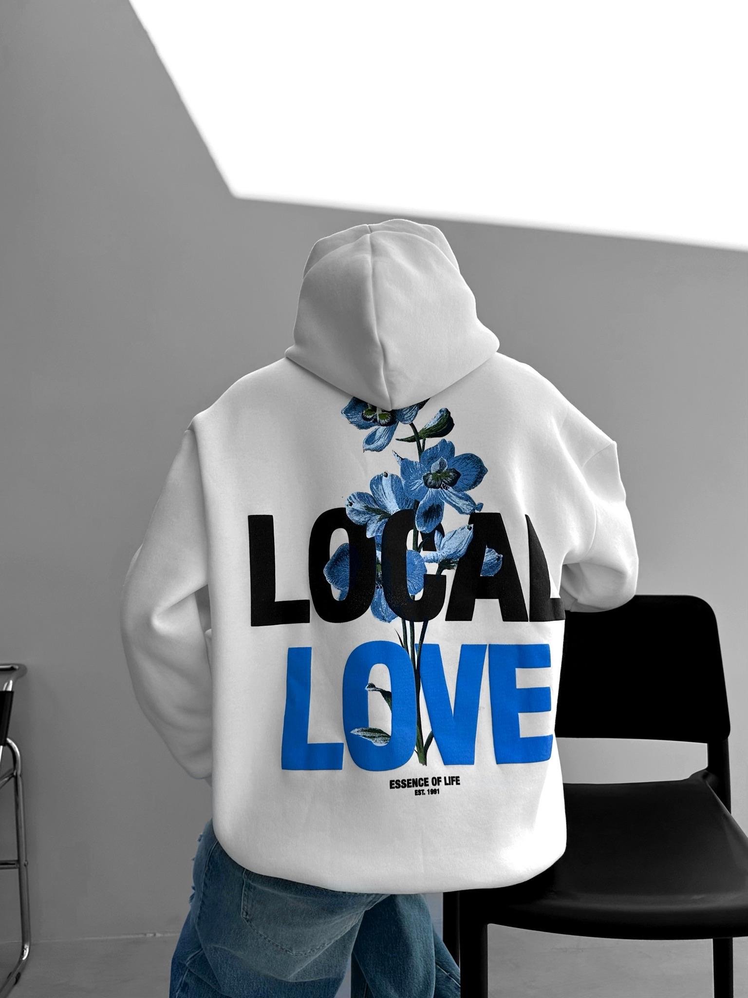 Oversize Local Love Baskılı Kapüşonlu Sweatshirt Beyaz
