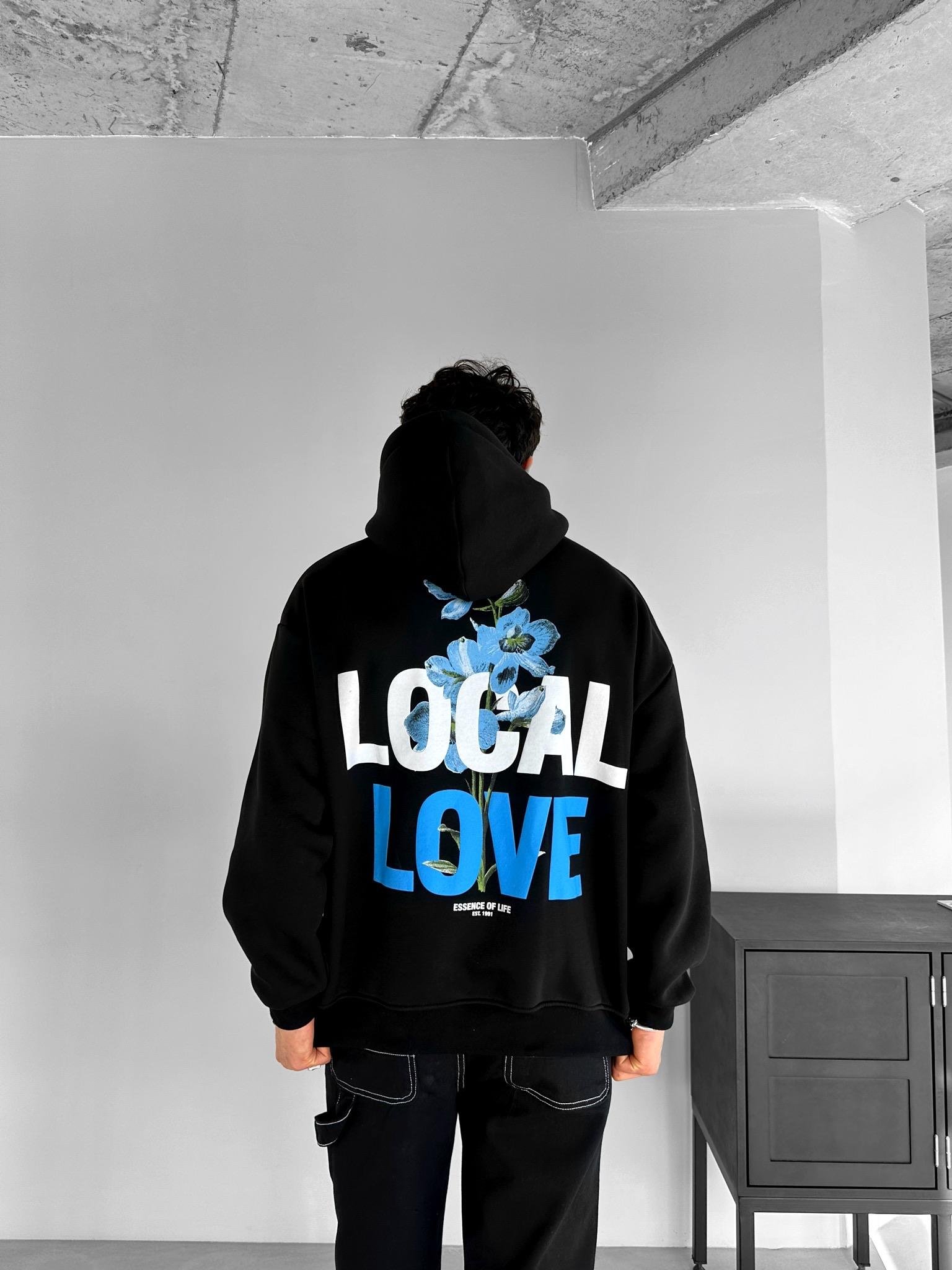 Oversize Local Love Baskılı Kapüşonlu Sweatshirt Siyah