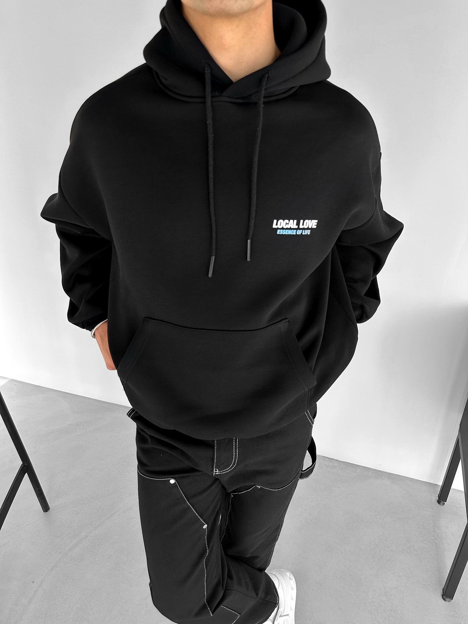 Oversize Local Love Baskılı Kapüşonlu Sweatshirt Siyah