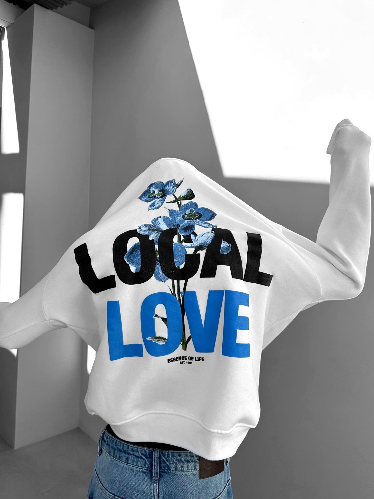 Oversize Local Love Baskılı Kapüşonlu Sweatshirt Beyaz