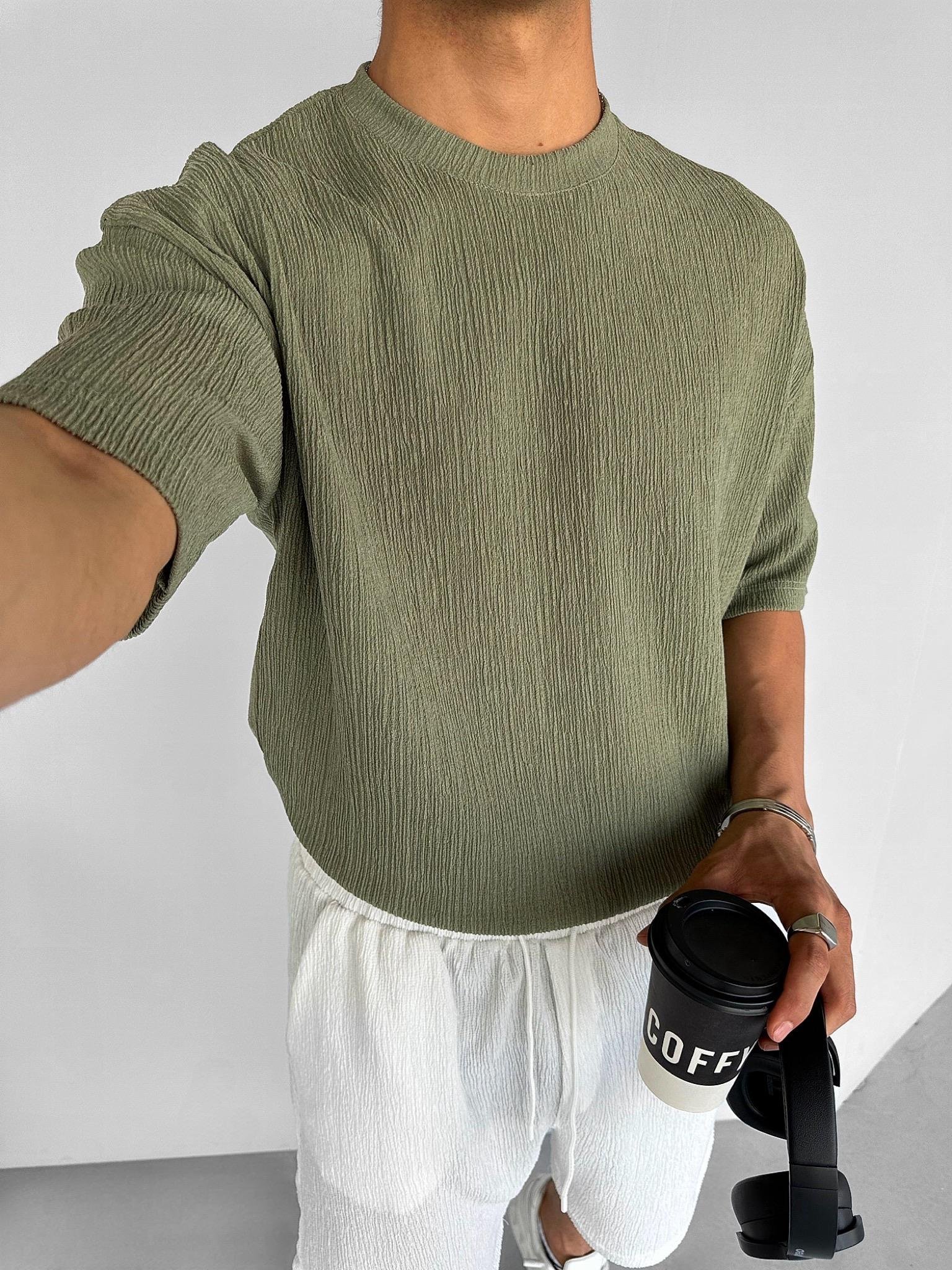 Oversize Long Fit Gofre Kumaş Esnek T-Shirt Yeşil