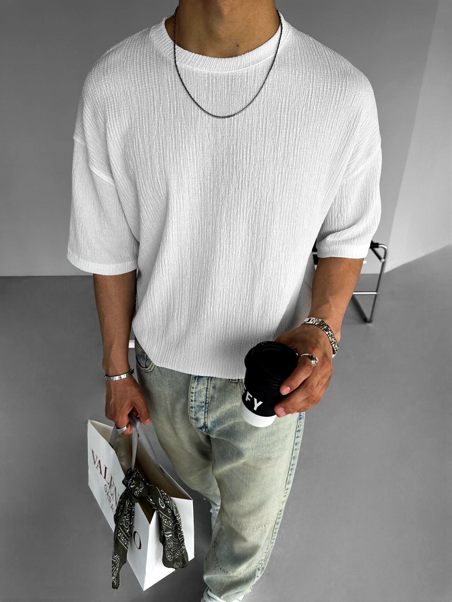 Oversize Long Fit Gofre Kumaş Esnek T-Shirt Beyaz