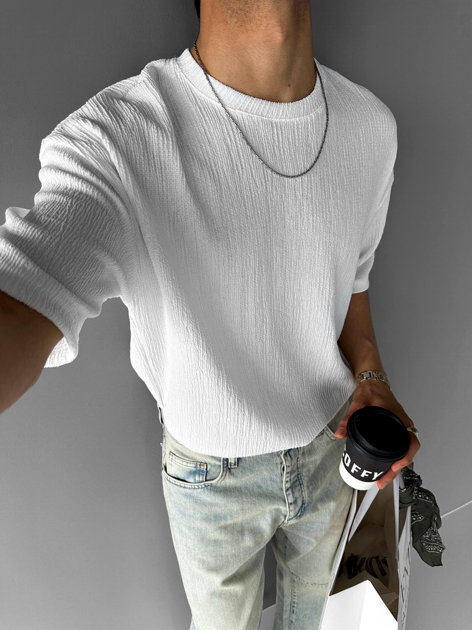 Oversize Long Fit Gofre Kumaş Esnek T-Shirt Beyaz