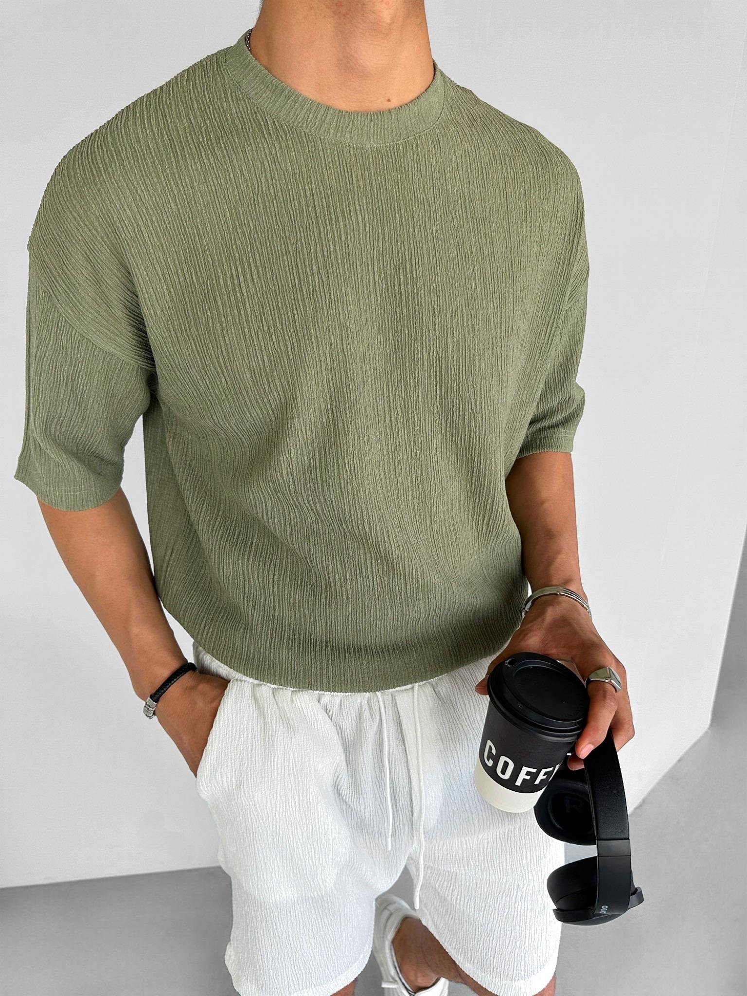 Oversize Long Fit Gofre Kumaş Esnek T-Shirt Yeşil