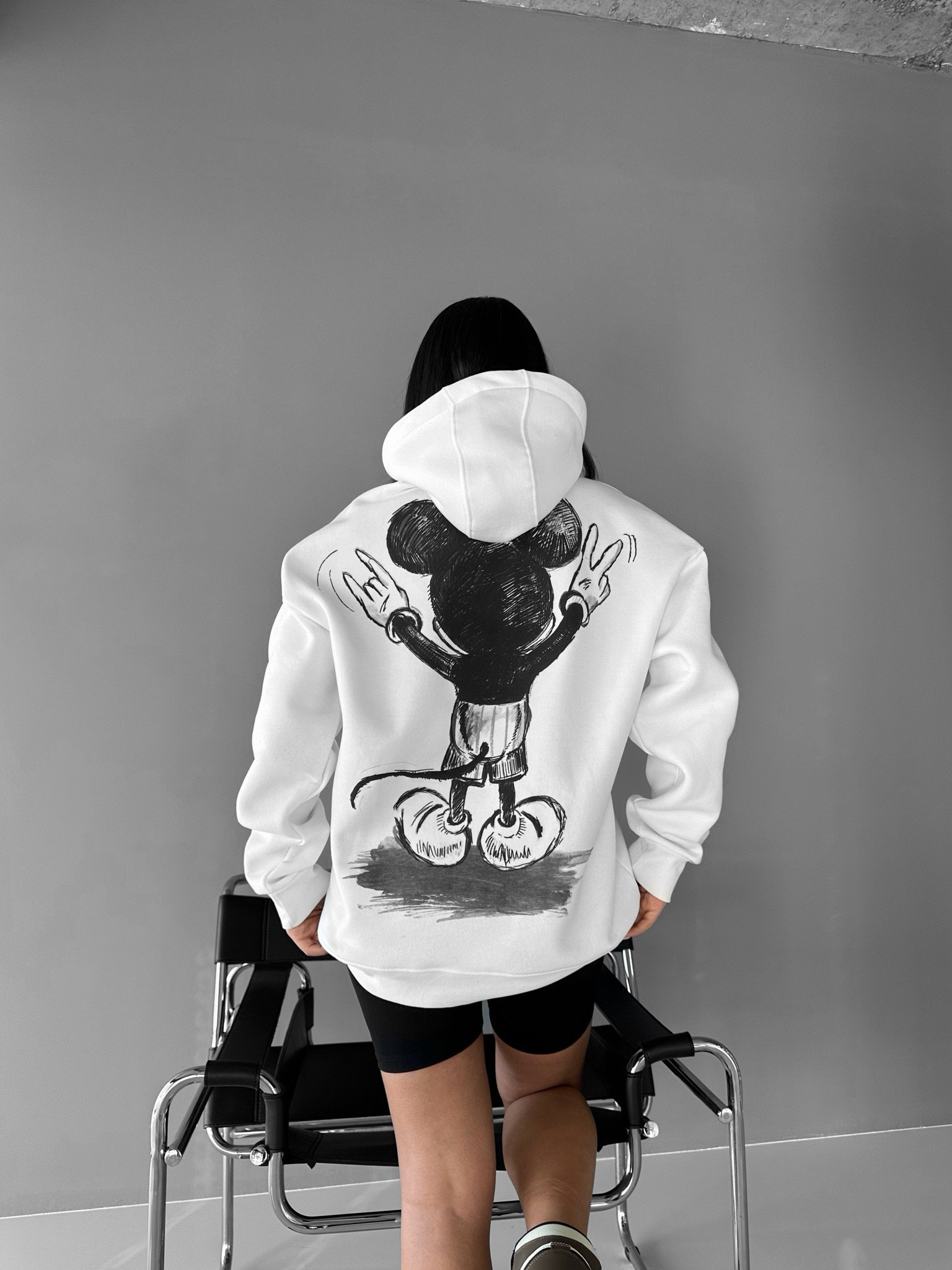 Oversize Mouse Baskılı Hoodie Beyaz