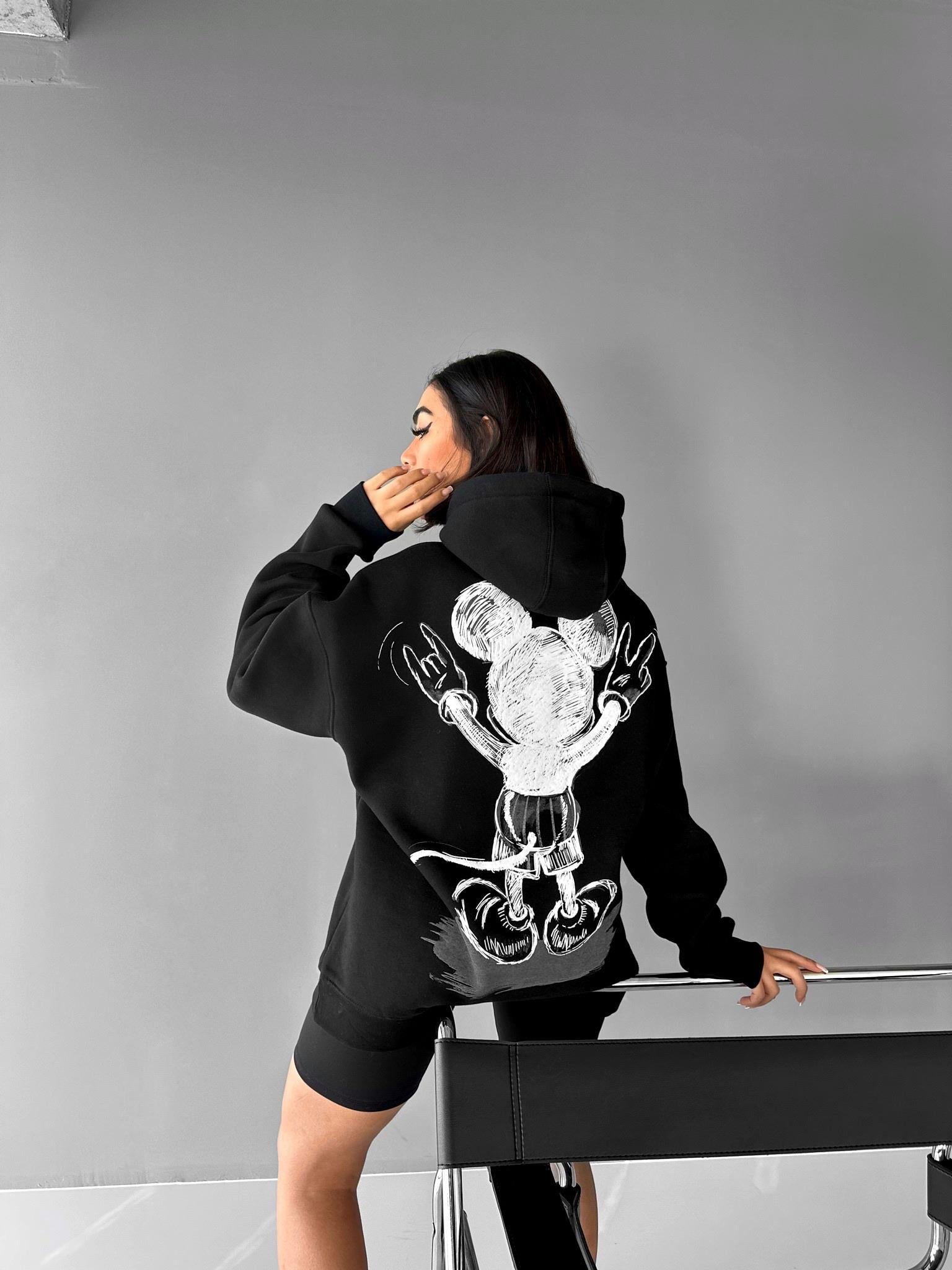 Oversize Mouse Baskılı Hoodie Siyah