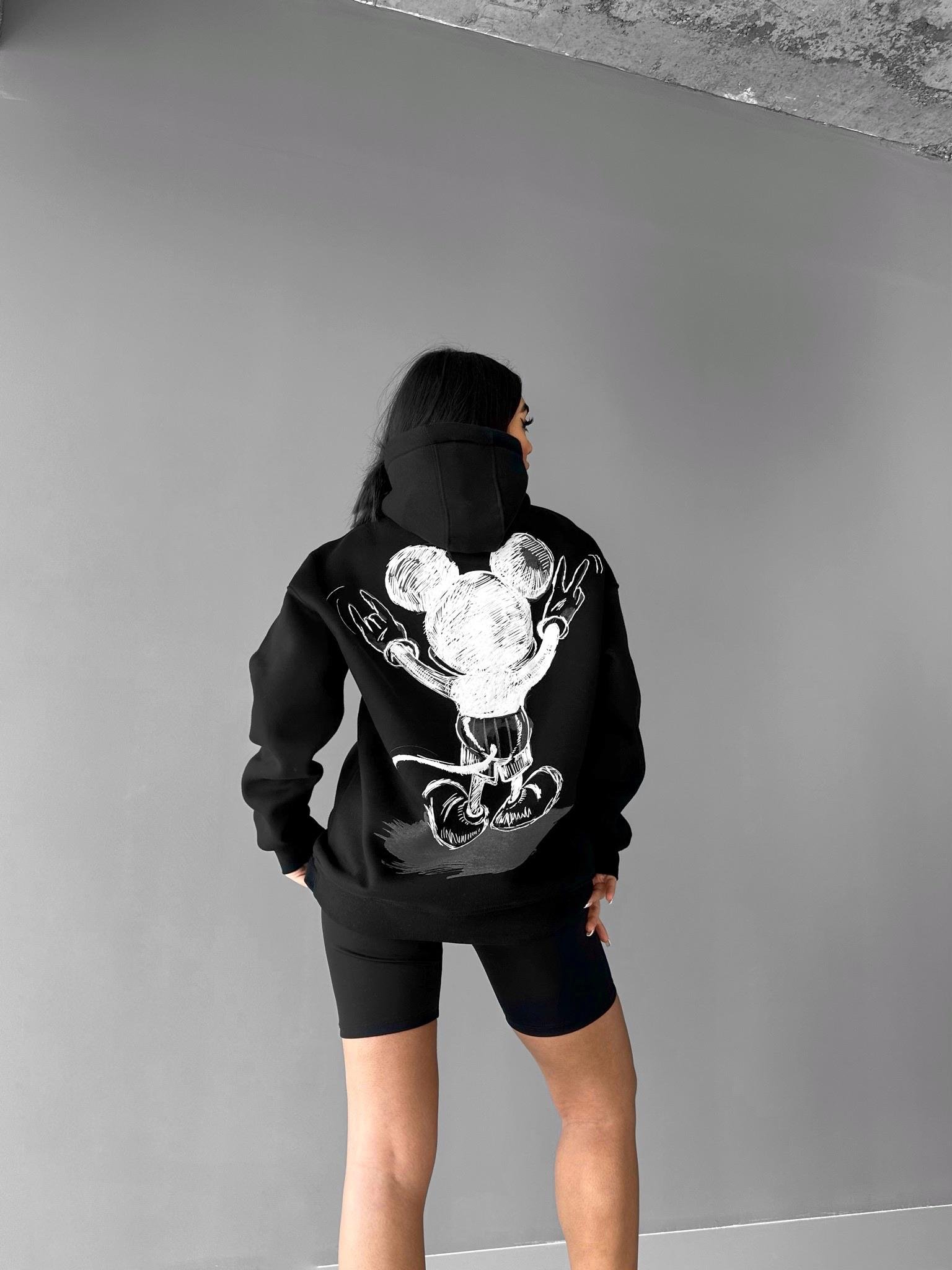 Oversize Mouse Baskılı Hoodie Siyah