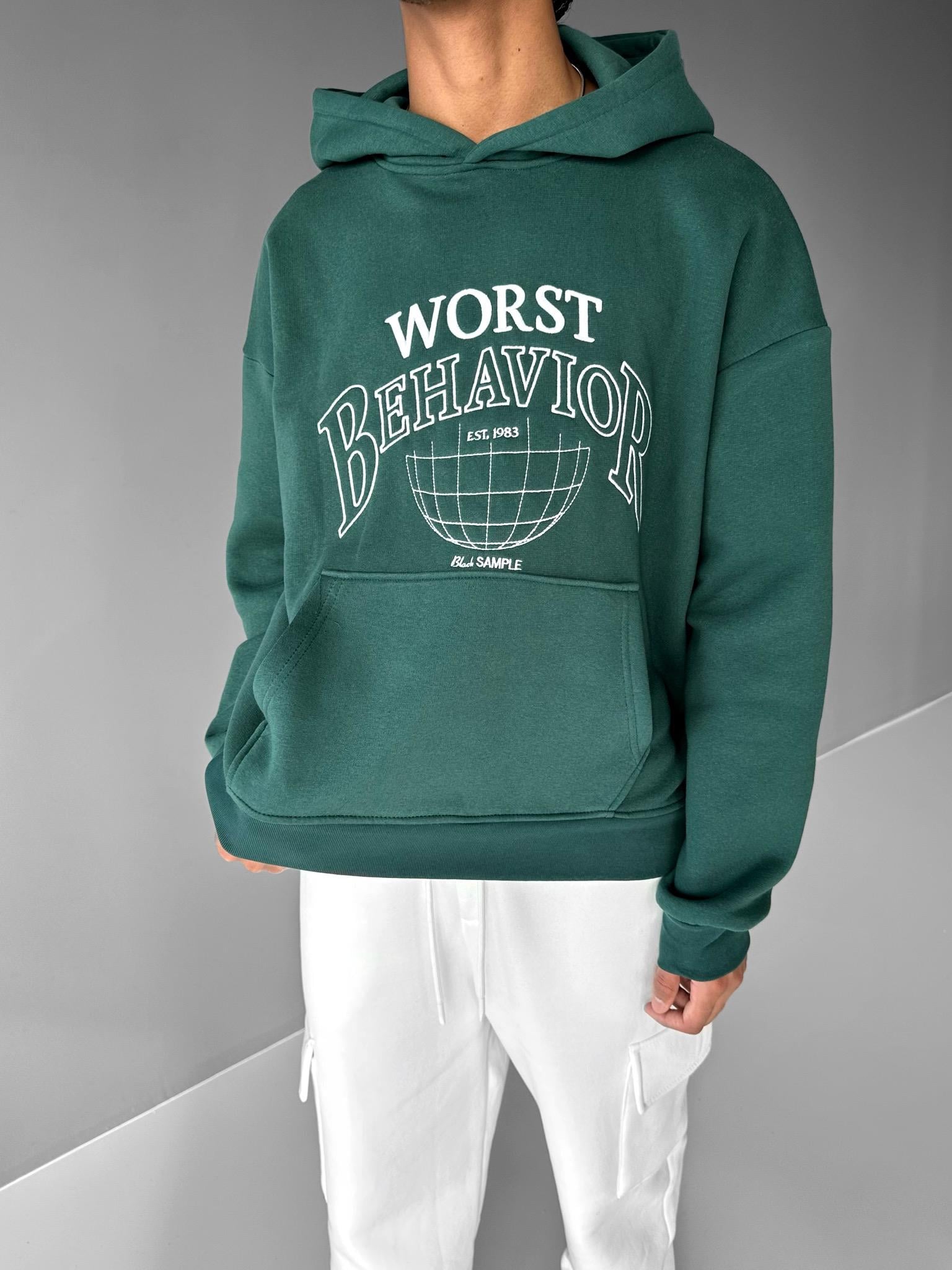 Oversize Nakışlı Kapüşonlu Sweatshirt Yeşil