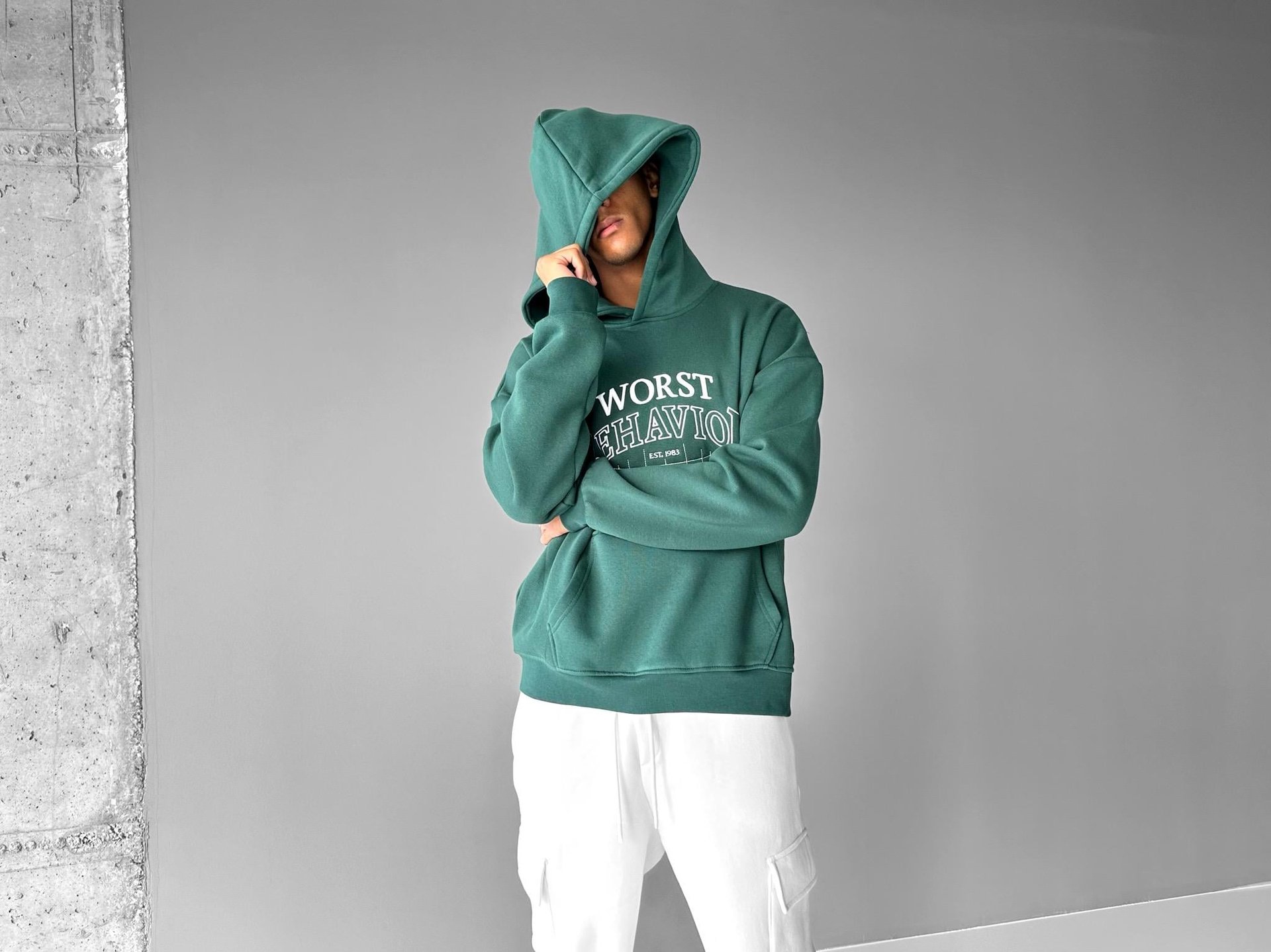 Oversize Nakışlı Kapüşonlu Sweatshirt Yeşil