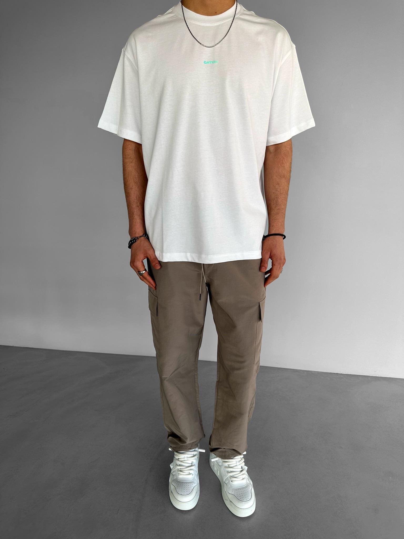 Oversize Neon Kabartma Baskı Dokulu T-Shirt Beyaz