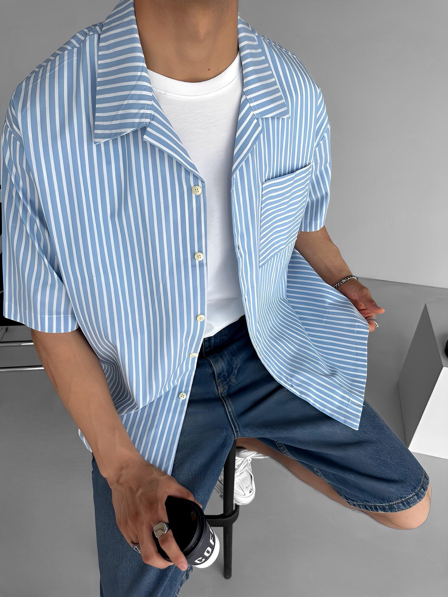 Oversize Önü Cepli Çizgili Gömlek Mavi