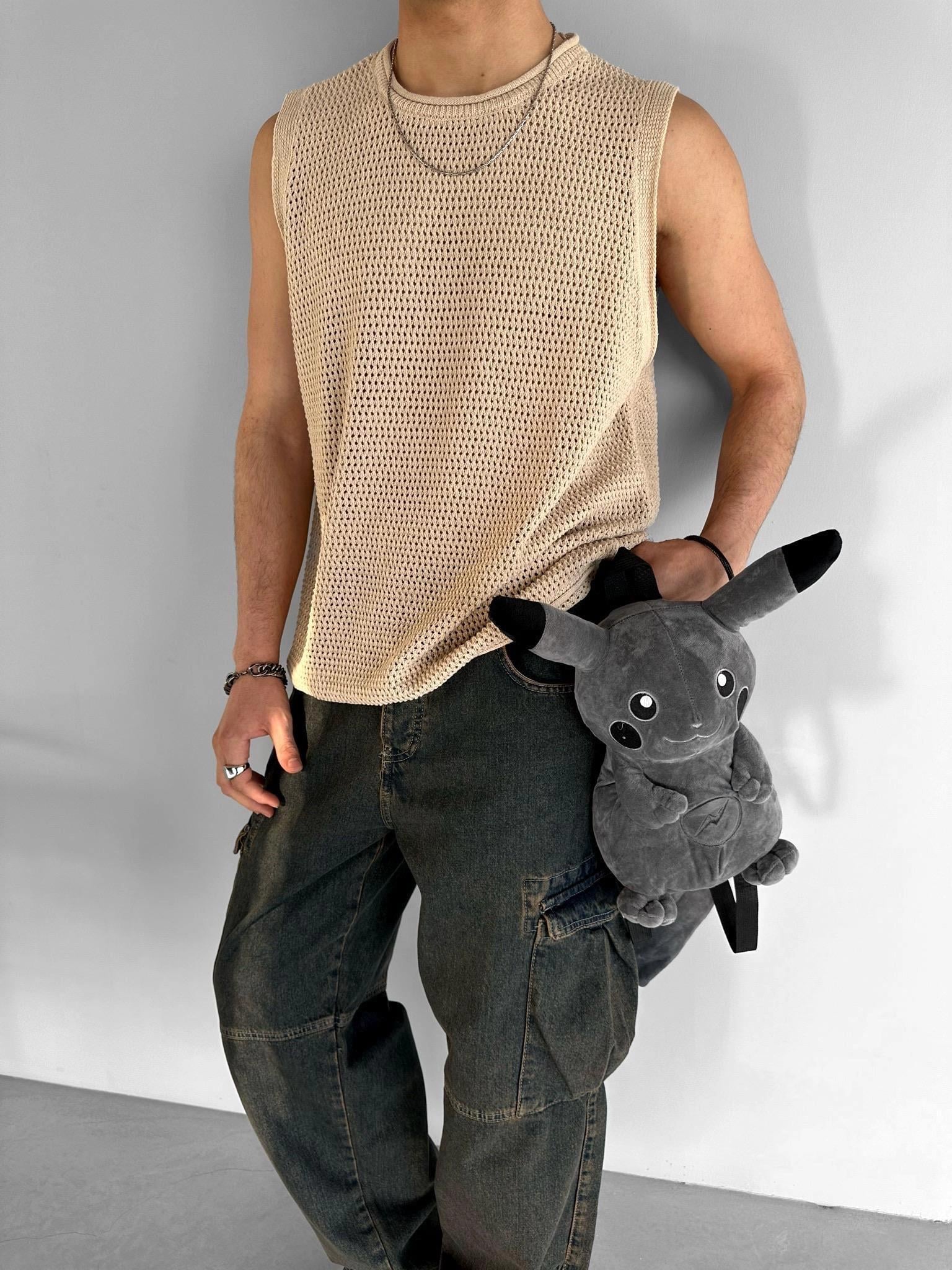 Oversize Örme Sıfır Kol T-shirt Bej