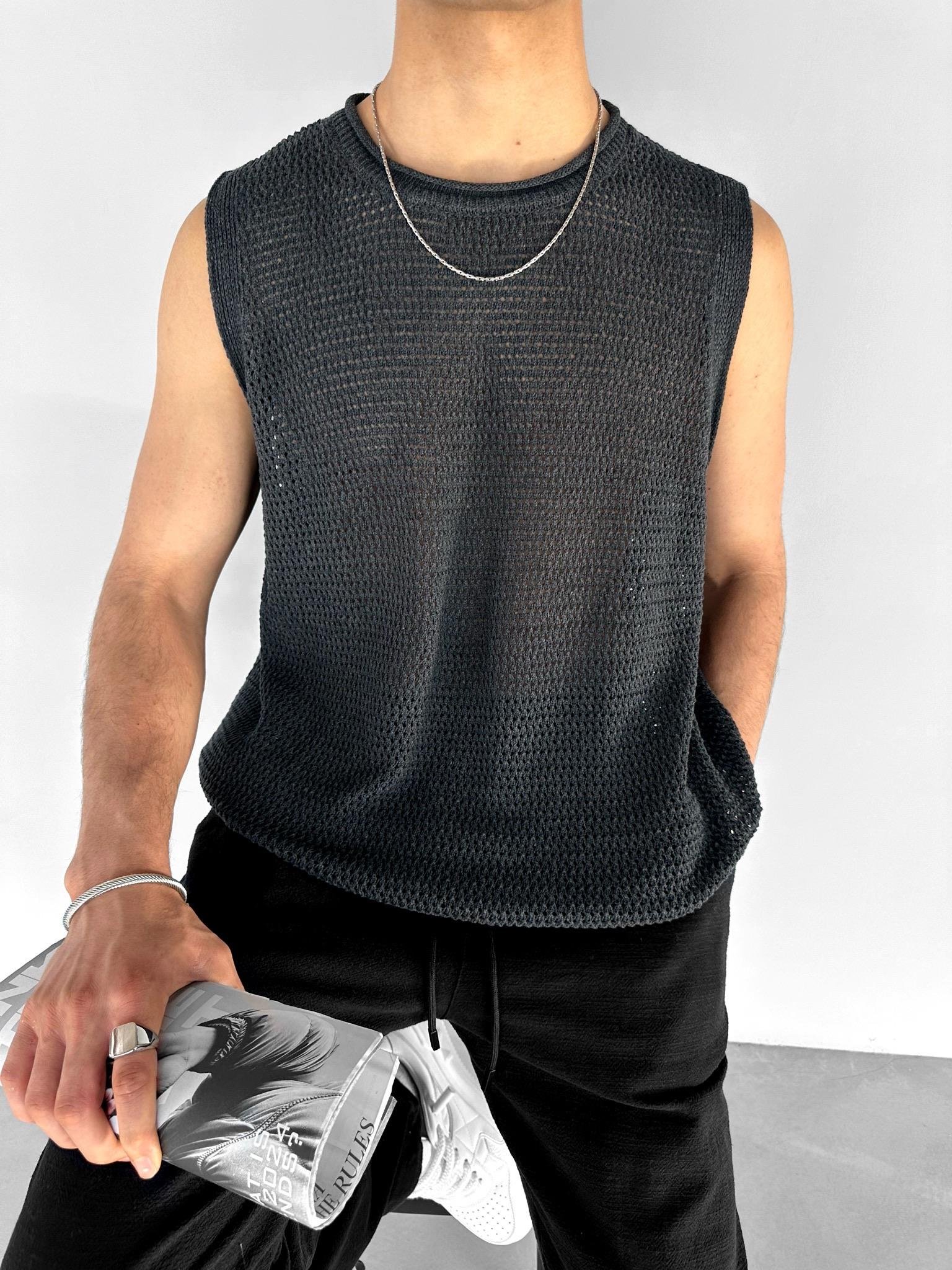 Oversize Örme Sıfır Kol T-shirt Füme