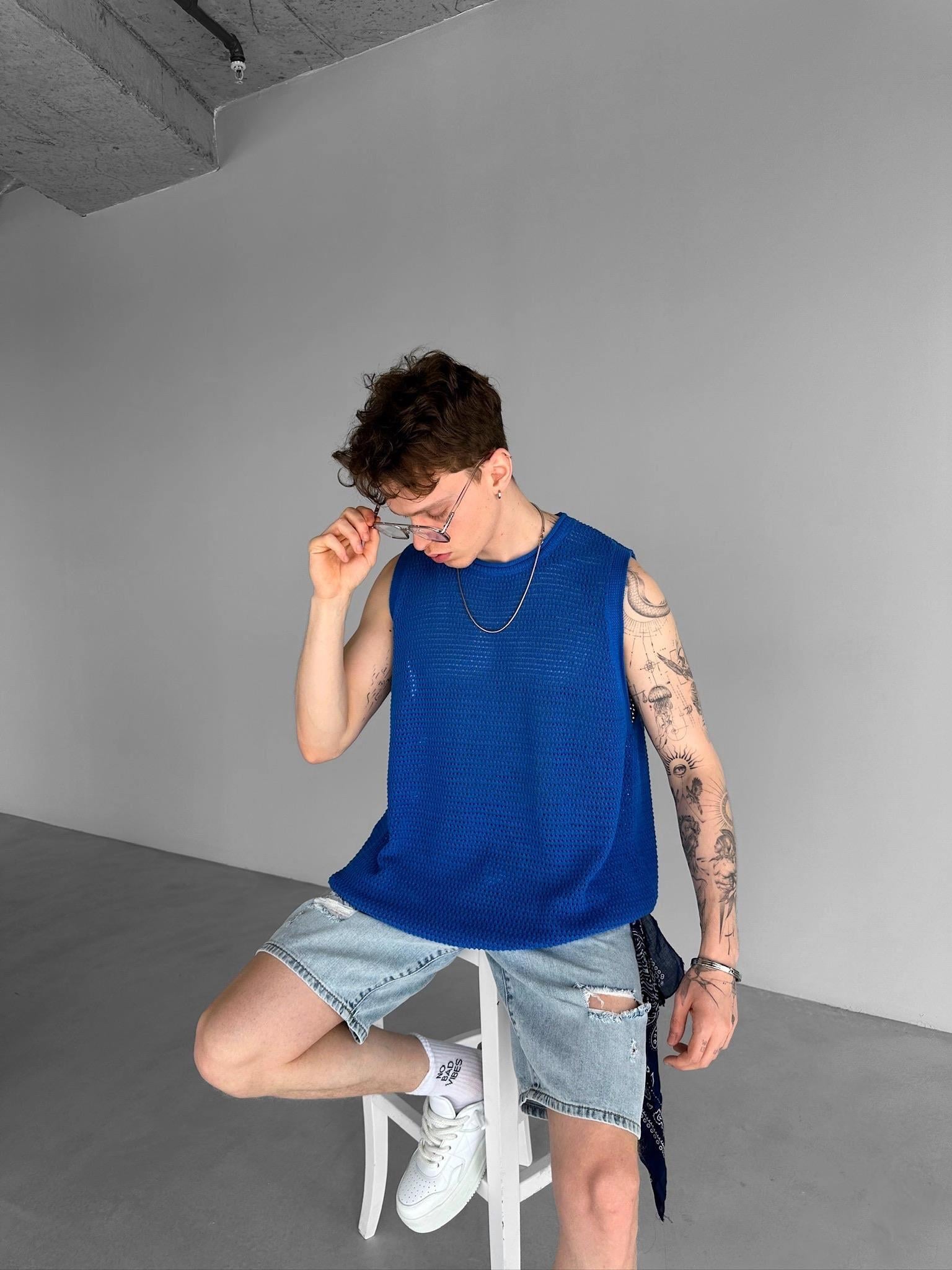 Oversize Örme Sıfır Kol T-shirt Saks Mavi