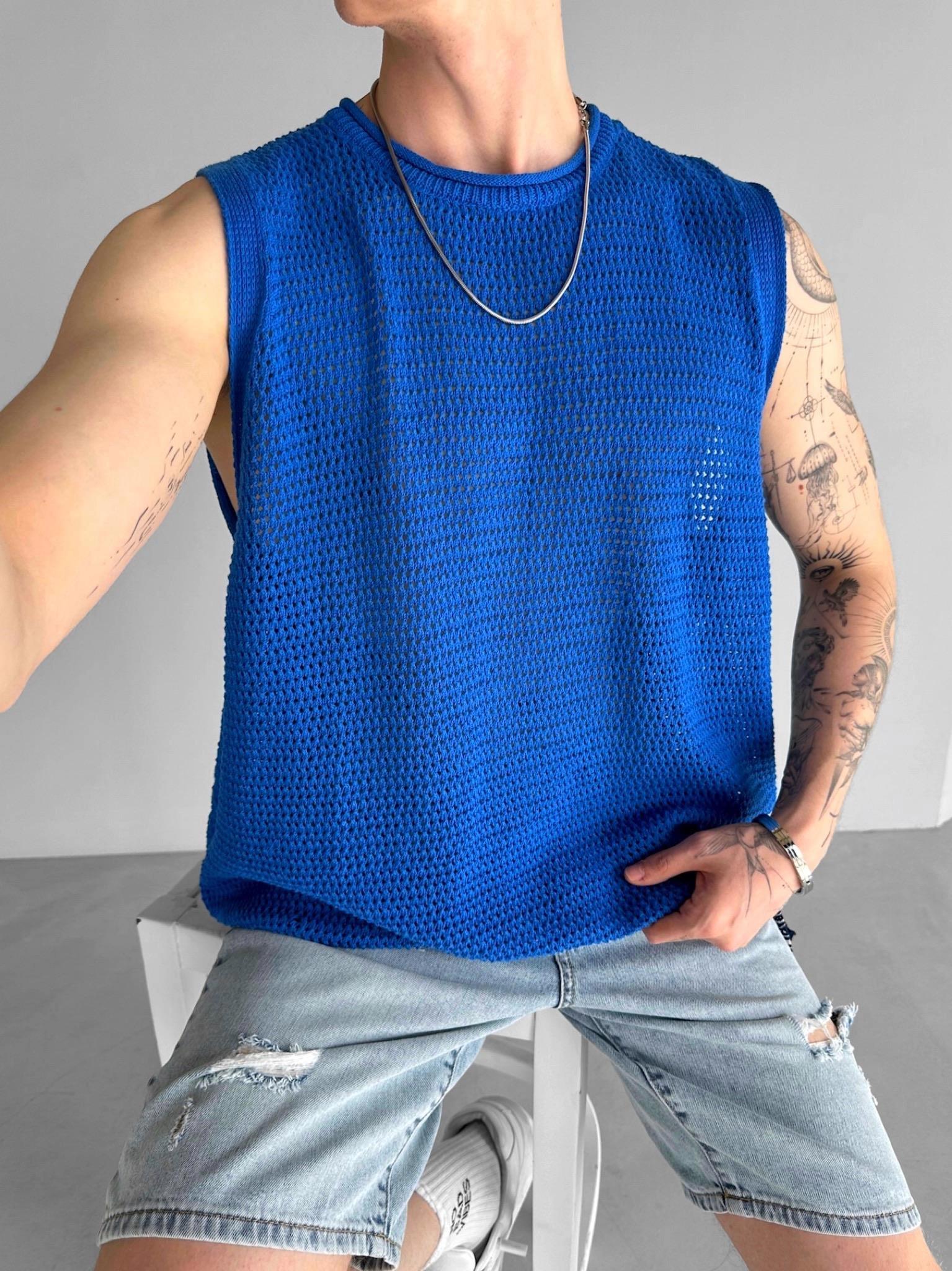 Oversize Örme Sıfır Kol T-shirt Saks Mavi