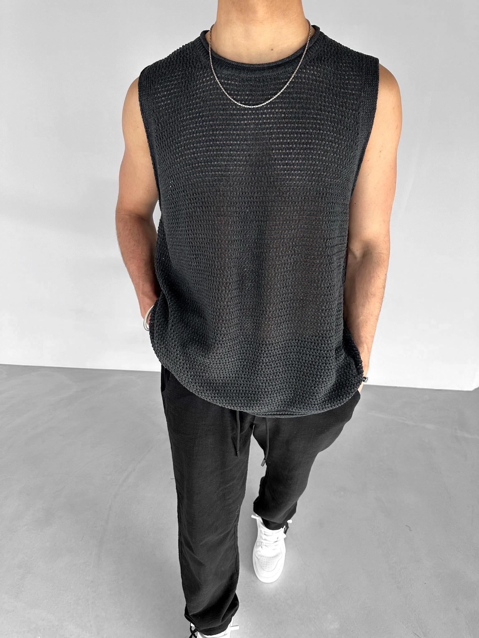 Oversize Örme Sıfır Kol T-shirt Siyah