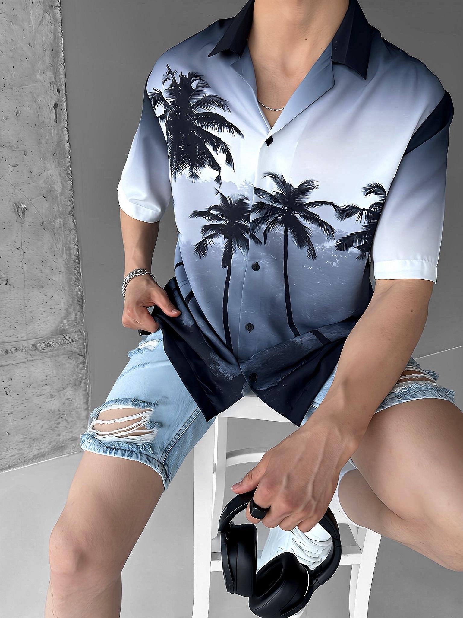 Oversize Palmiye Desen Baskılı Gömlek Siyah