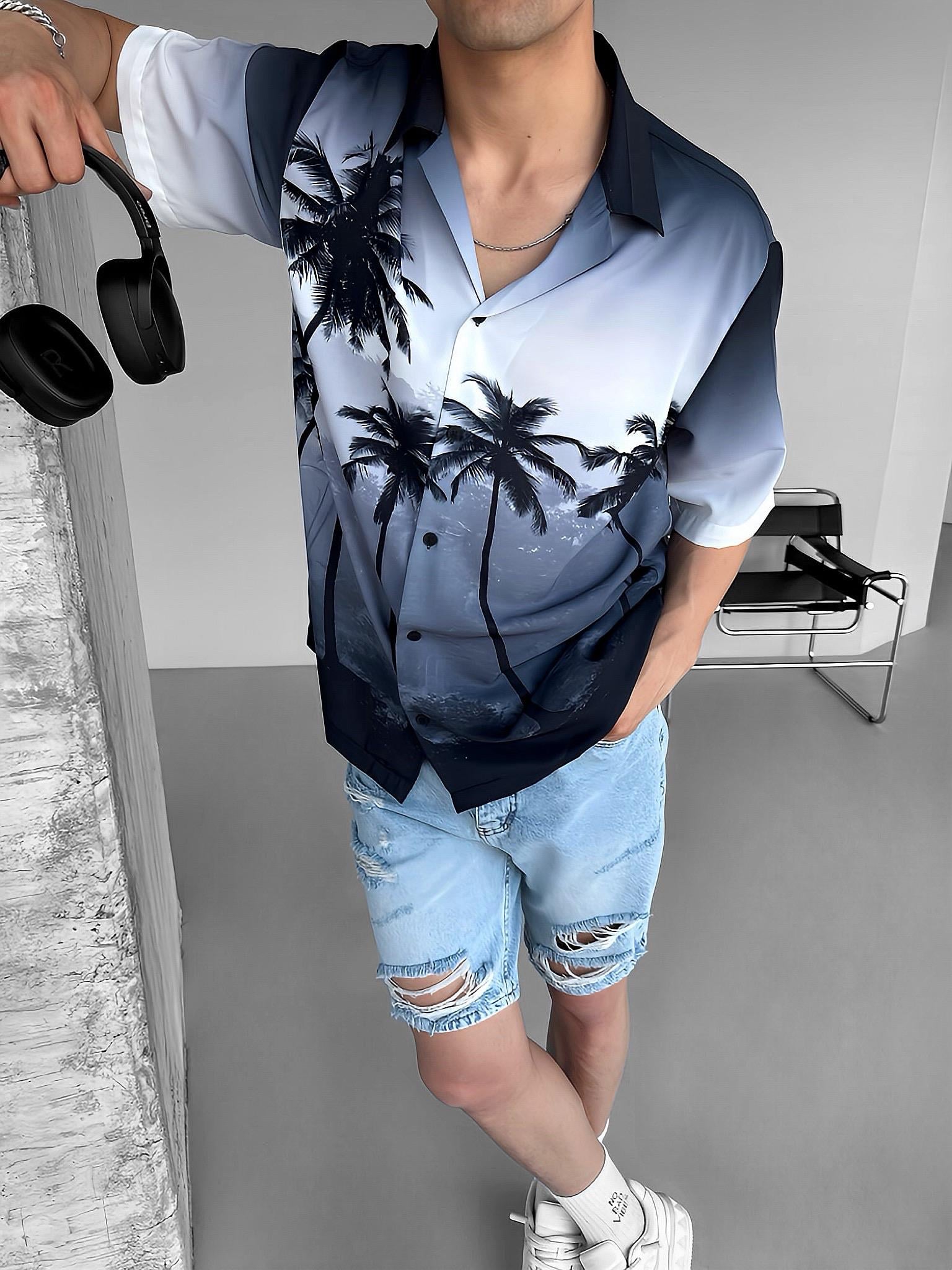 Oversize Palmiye Desen Baskılı Gömlek Siyah