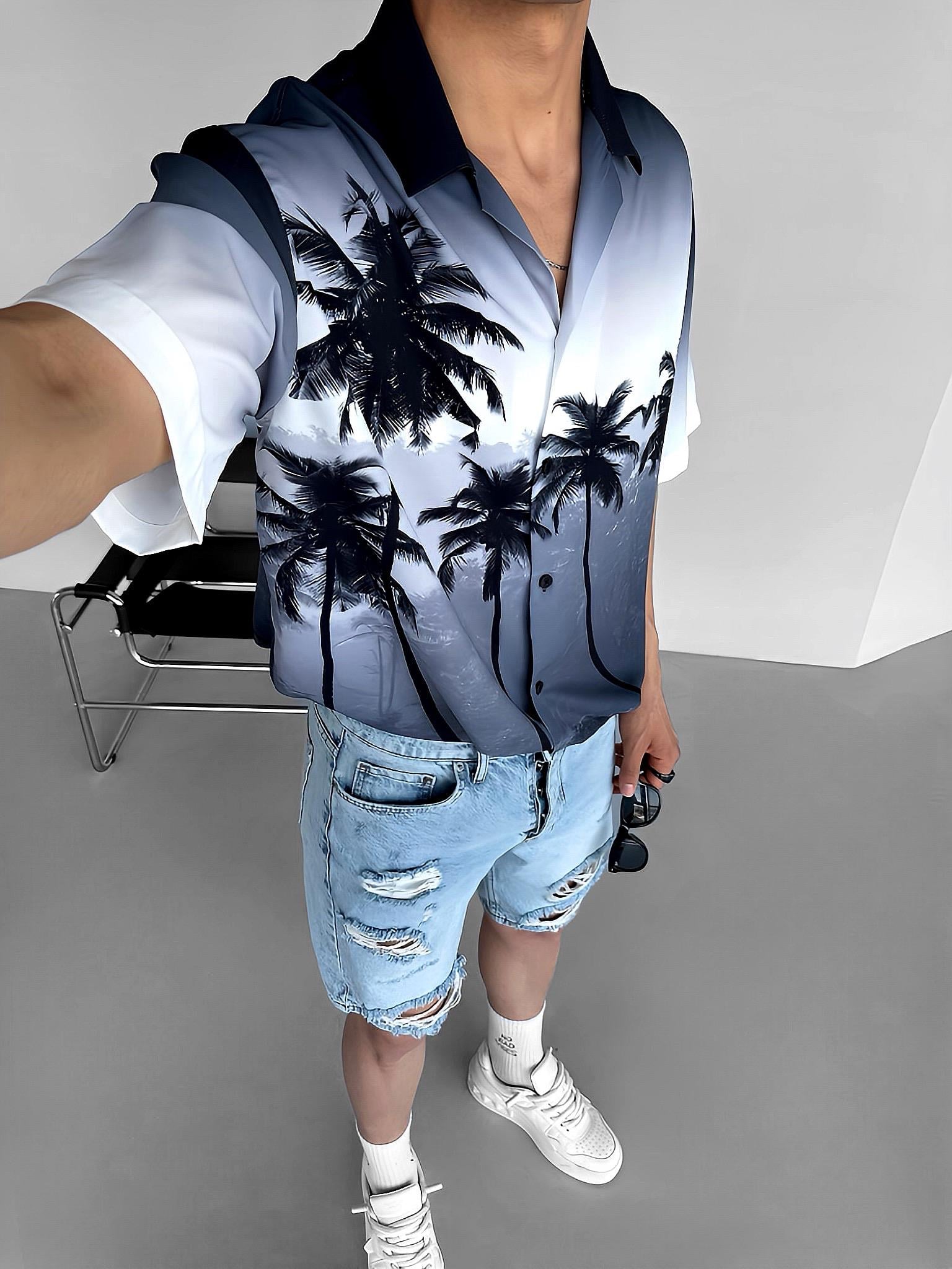 Oversize Palmiye Desen Baskılı Gömlek Siyah