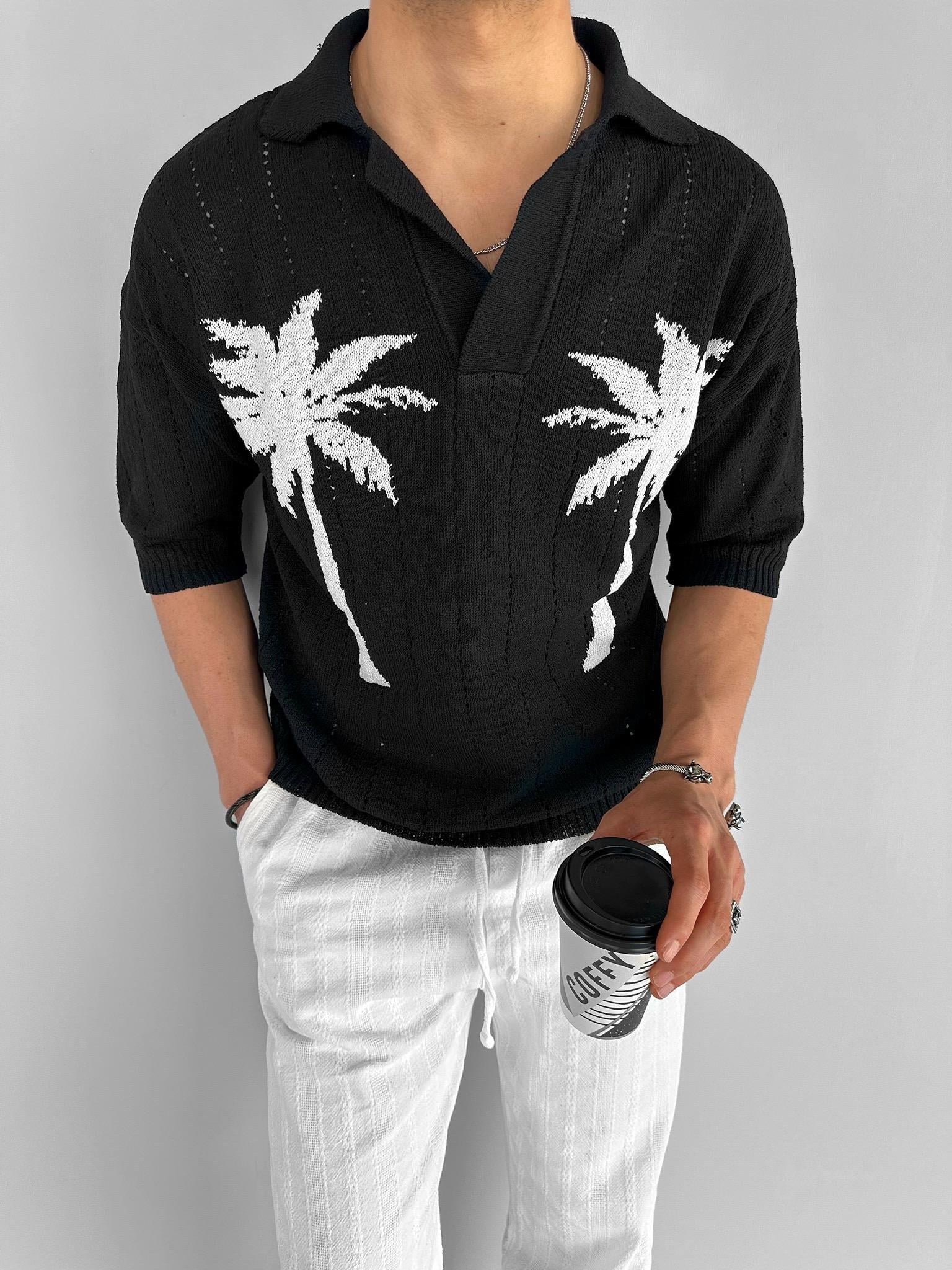 Oversize Palmiye Desenli Triko T-Shirt Siyah