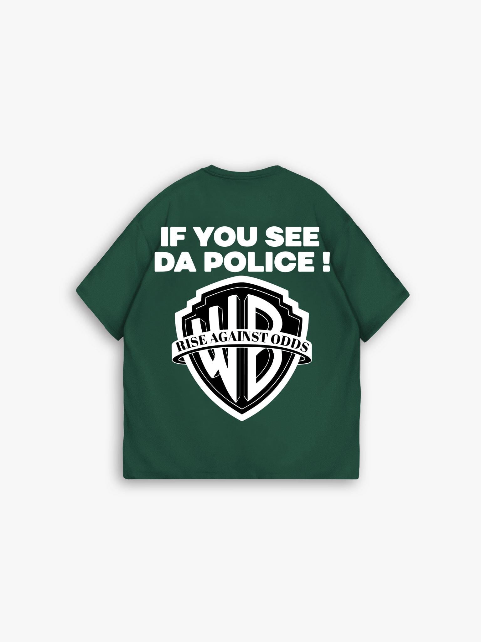 Oversize 'Police!' Baskılı İki İplik T-Shirt Yeşil