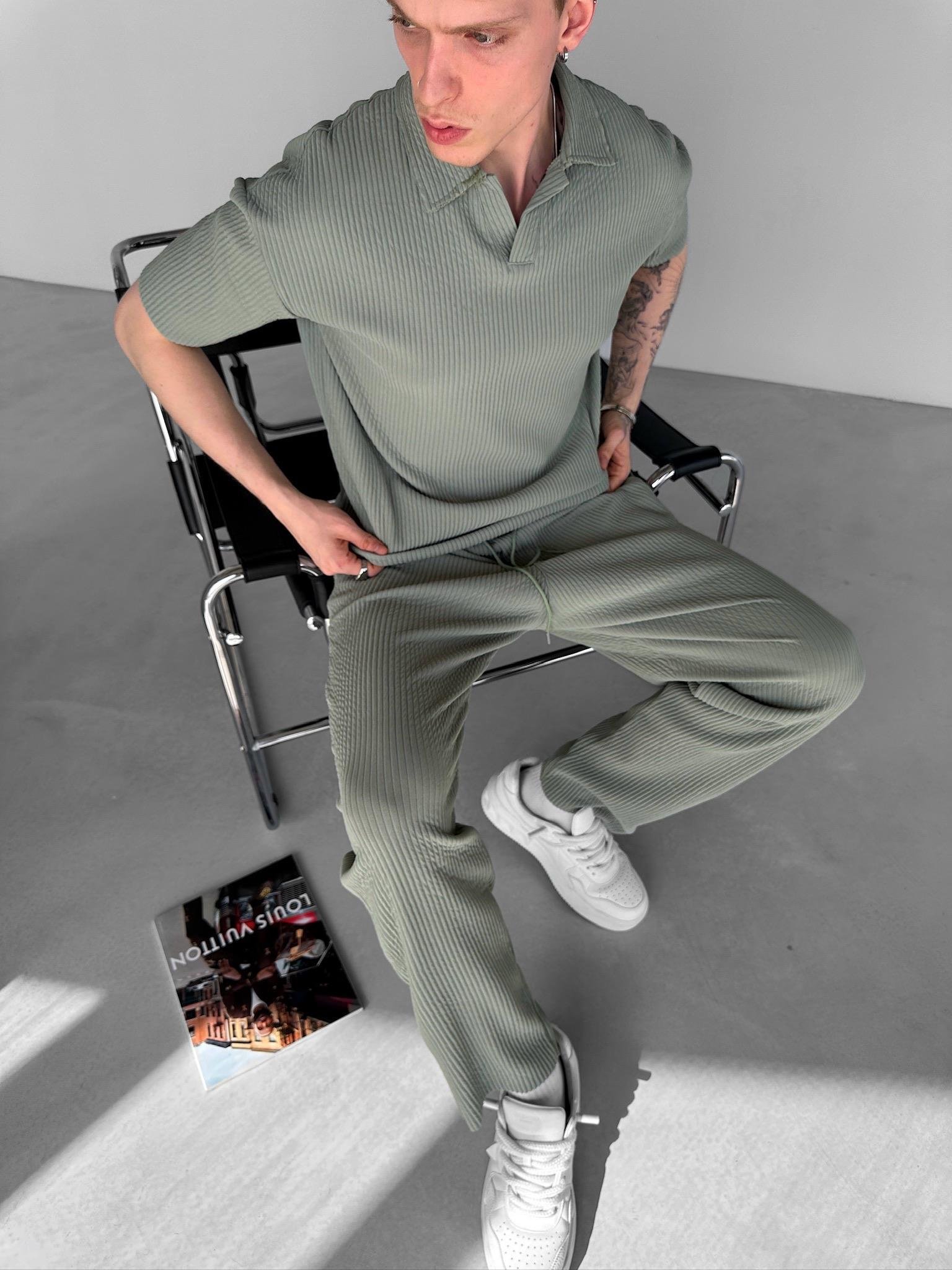 Oversize Polo Yaka Basic Fitilli T-Shirt Açık Yeşil