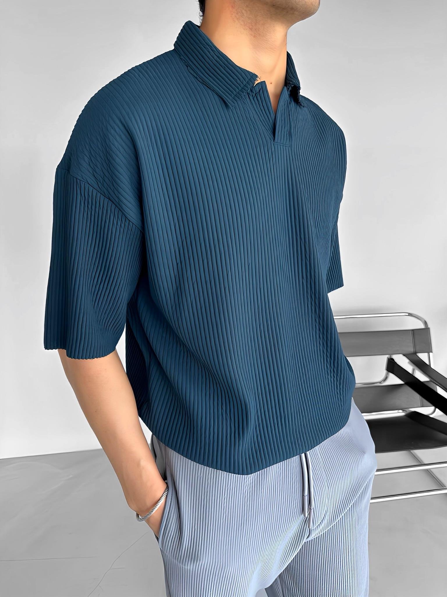Oversize Polo Yaka Basic Fitilli T-Shirt Petrol Mavi