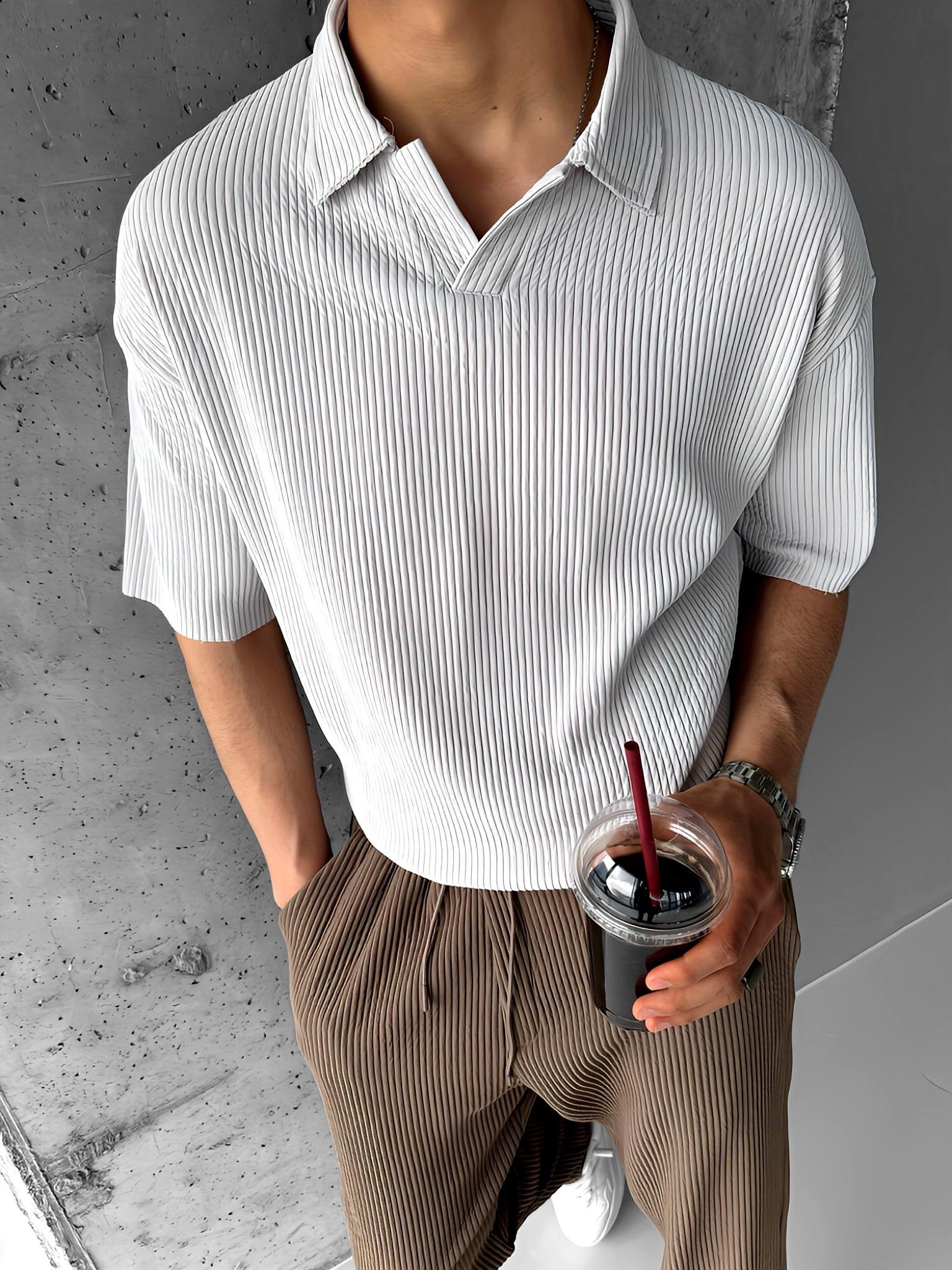 Oversize Polo Yaka Basic Fitilli T-Shirt Gri