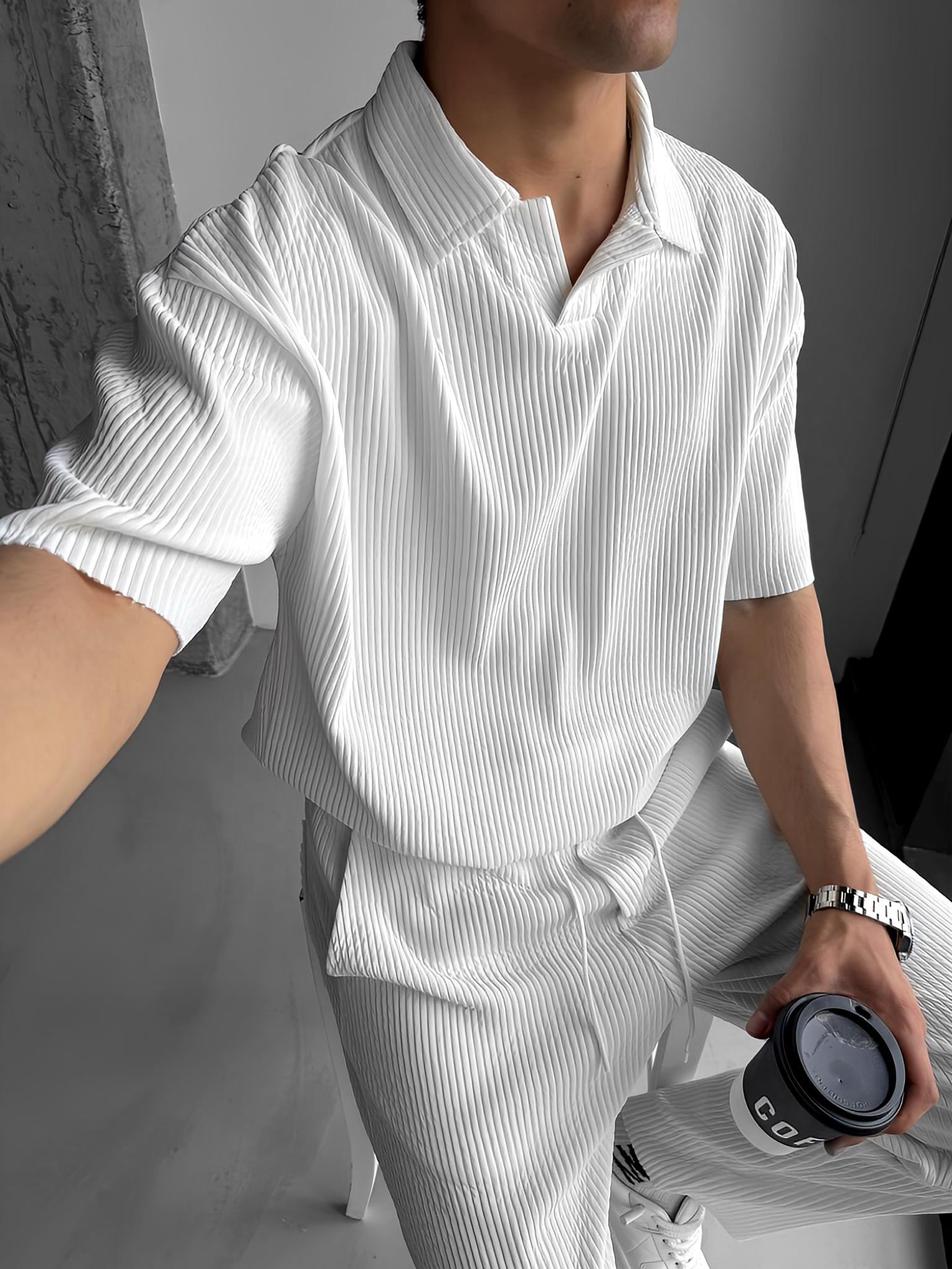 Oversize Polo Yaka Basic Fitilli T-Shirt Ekru