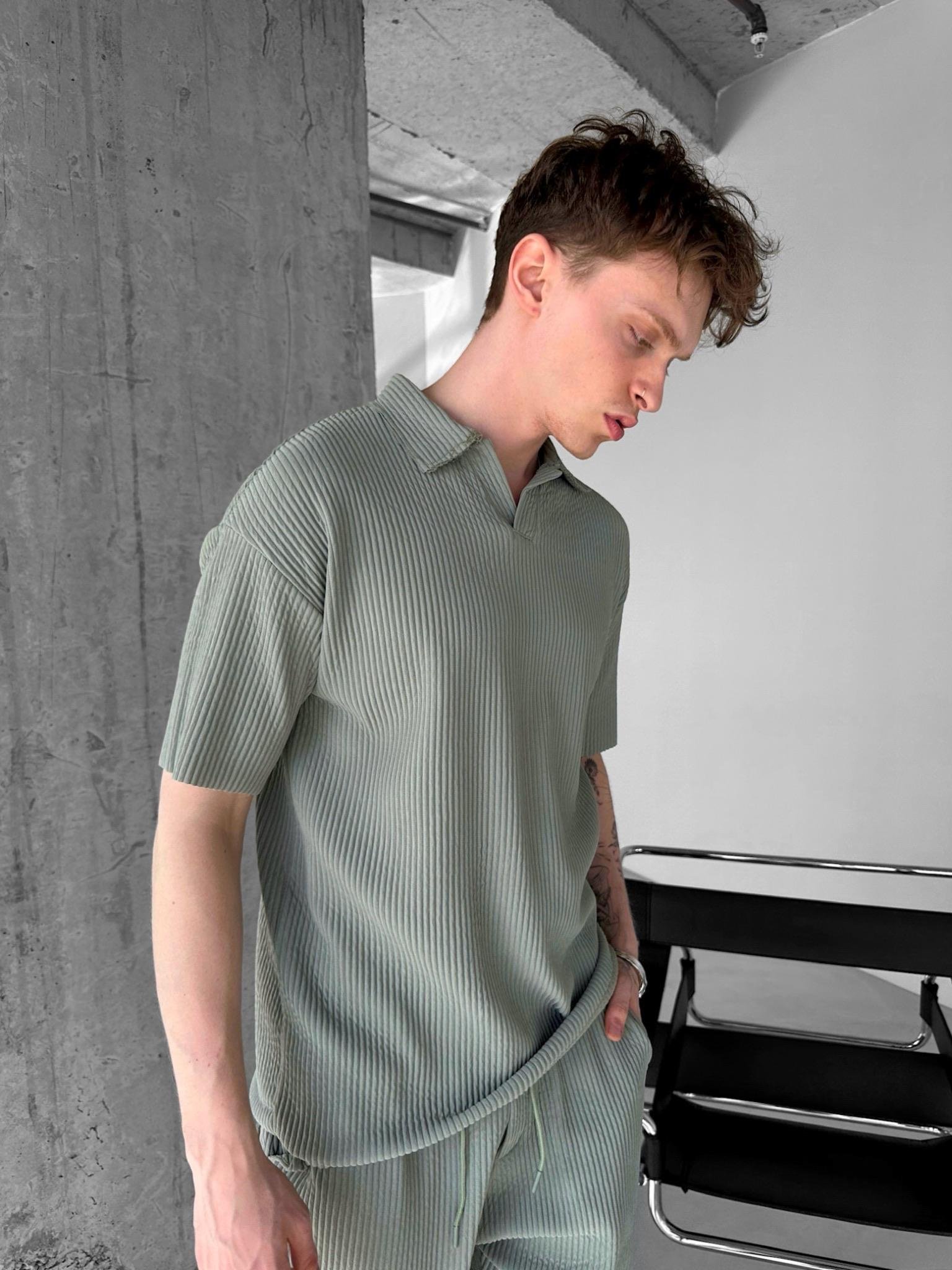 Oversize Polo Yaka Basic Fitilli T-Shirt Açık Yeşil