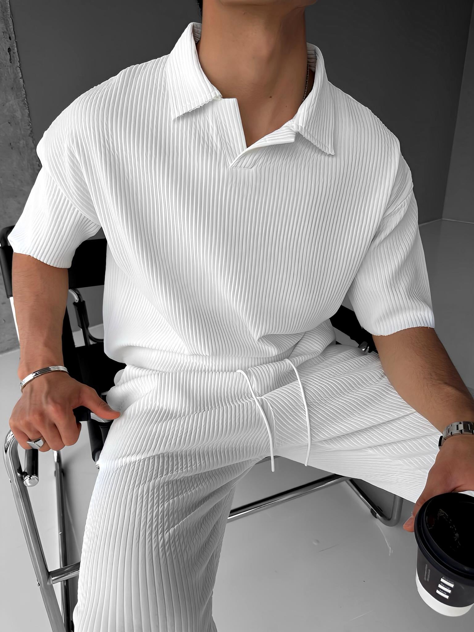Oversize Polo Yaka Basic Fitilli T-Shirt Ekru